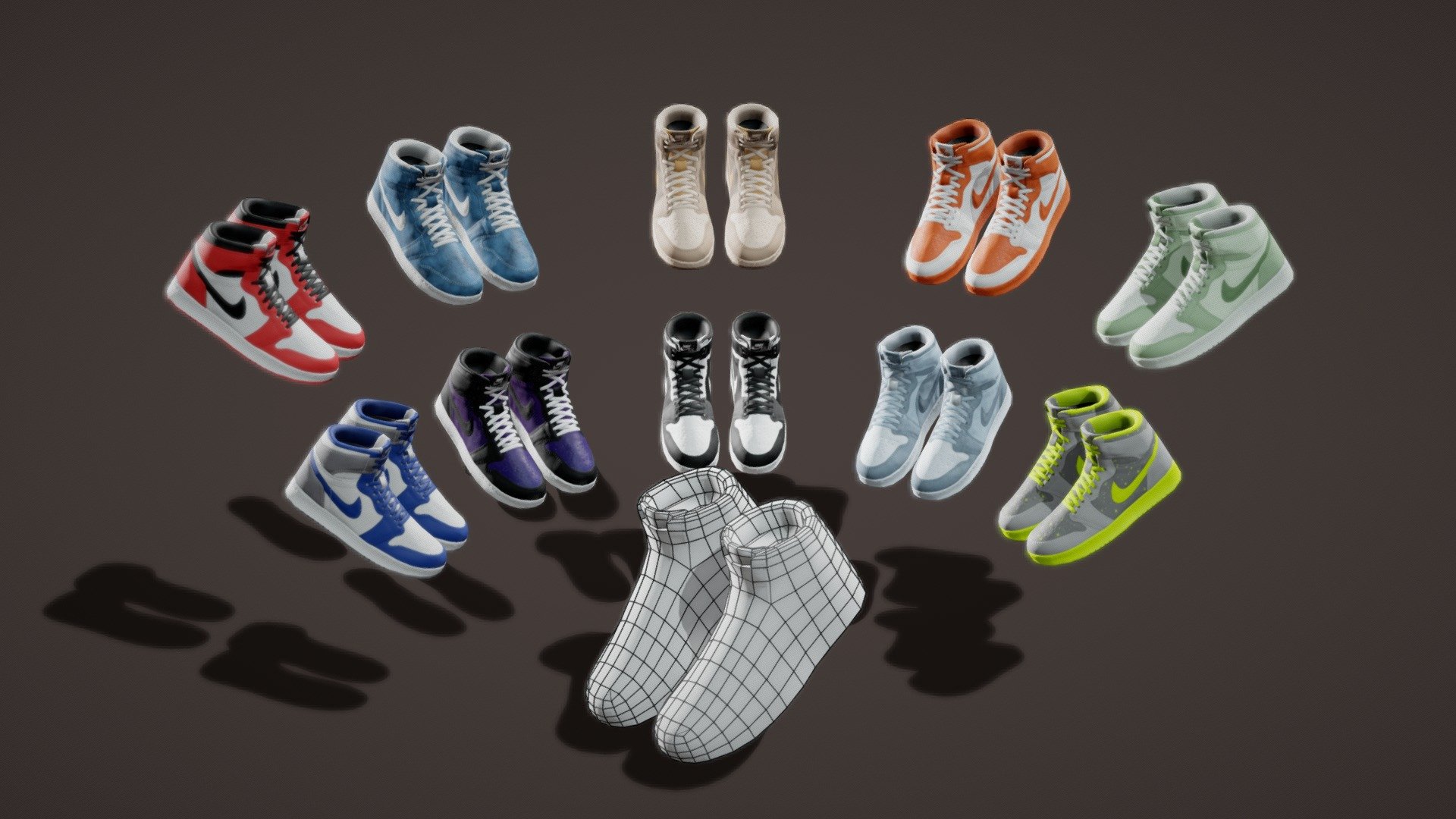 It is a High Quality Very Low poly Air Jordan NIKE Shoes 3d model

Will be perfect for any Cool 3d metaverse Project, as it is verly low poly and low date file

Model : 822 Face and 796 Verts. (per Pair)
Model in the Center is to show low poly Wireframe.

Texture :
3 Baked Texture in High quality 2k texture

Texture are baked from highpoly model to lowpoly

GLB file : Size of each pair is below 1mb including all the textures
GLB File Size of all the Shoes is 3.6 mb as it make use of same Metallic, Roughness &amp; Normal map.
Diffuse map is Defferent in all Shoes,

Individual Shoes :

Shoes 01

Shoes 02

Shoes 03

Shoes 04

Shoes 05

Shoes 06

Shoes 07

Shoes 08

Shoes 09

Shoes 10

Highpoly :
Air Jordan - Pack of 10