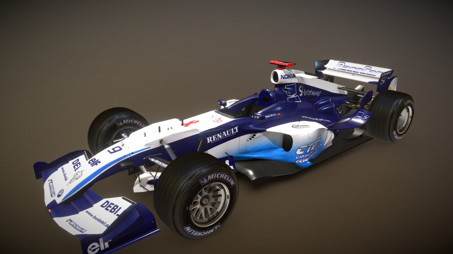 The car was created in 2004 for the virtual RaceCar F1 team. It ran in 2005 in the GP4IL
It's a Formula car matching regulations of F1 2005.

http://www.racecarf1.com

Tires with friendly permission from CTDP F1 2005 mod.