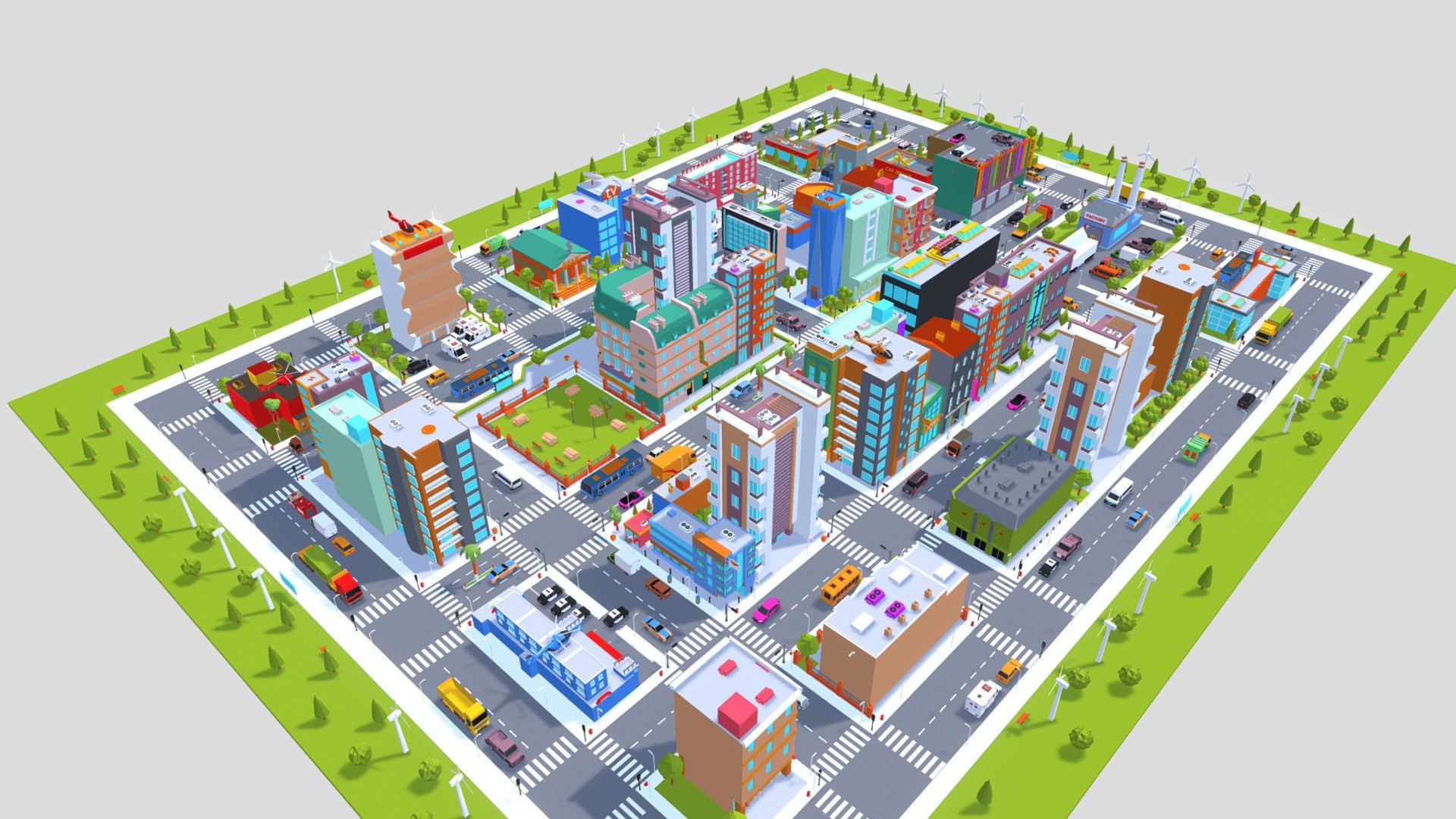 SimplePoly City - Low Poly Assets. Mobile Optimized Assets. This pack SimplePoly City is a collection of low poly assets for to create city based games. Buildings, Vehicles, Roads, Props, Natures and many more.

****The files were updated on 25/11/2021 by naming all the components of the city and collecting the parts of each models to facilitate their transfer. If you have any problem, contact us and we will be happy to assist you

The city does not need a texture and this is in order to make it easier for you to use without problems and very low polygons
*The city also contains different types of cars, trucks and grades in addition to traffic signs and different types of trees and many different things all this comes with the organization of buildings and other components of the city Finally, we hope our assets will help you in your business