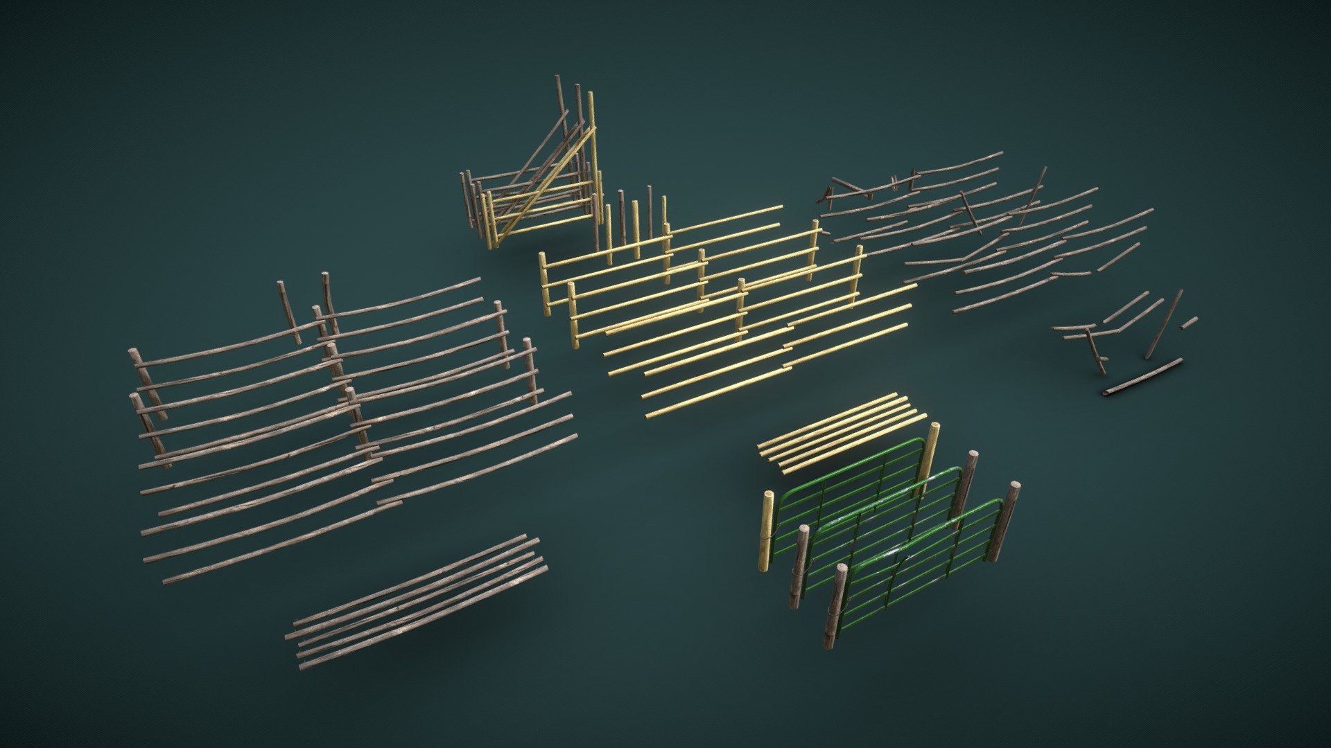 Assets:

Old Fence Section
580.2cm Width(X), 21.8cm Length(Y), 138.1cm Height(Z)
228.4in Width(X), 8.6in Length(Y), 54.4in Height(Z)
Polycount: 600
Triangle count: 1,080
Vertex count: 566

New Fence Section
569.2cm Width(X), 21.8cm Length(Y), 138.1cm Height(Z)
224.1in Width(X), 8.6in Length(Y), 54.4in Height(Z)
Polycount: 312
Triangle count: 504
Vertex count: 278

Old Metal Gate
294.5cm Width(X), 24.7cm Length(Y), 137.2cm Height(Z)
115.9in Width(X), 9.7in Length(Y), 54in Height(Z)
Polycount: 3,523
Triangle count: 6,974
Vertex count: 3,576

Old Wood Gate
298.2cm Width(X), 26.2cm Length(Y), 393.8cm Height(Z)
117.4in Width(X), 10.3in Length(Y), 155.1in Height(Z)
Polycount: 1,452
Triangle count: 2,544
Vertex count: 1,301

Materials:
Includes 1 Materials/Texture sets
Mountain_Fence_Mat

Please Contact Me If You Have Any Questions Or Business Inquiries At bsw2142@gmail.com You Can Fill A Custom Work Request For A Quick Quote From Me At https://forms.gle/66YjCgoQgk8eUsaK6