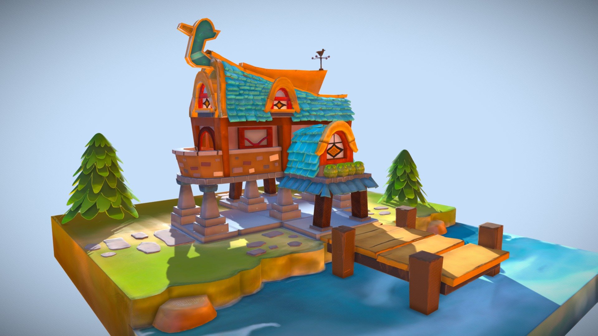 Cartoon house for low poly game
Hand painted and normals mad eon zbrush and baked on Substance Painter.