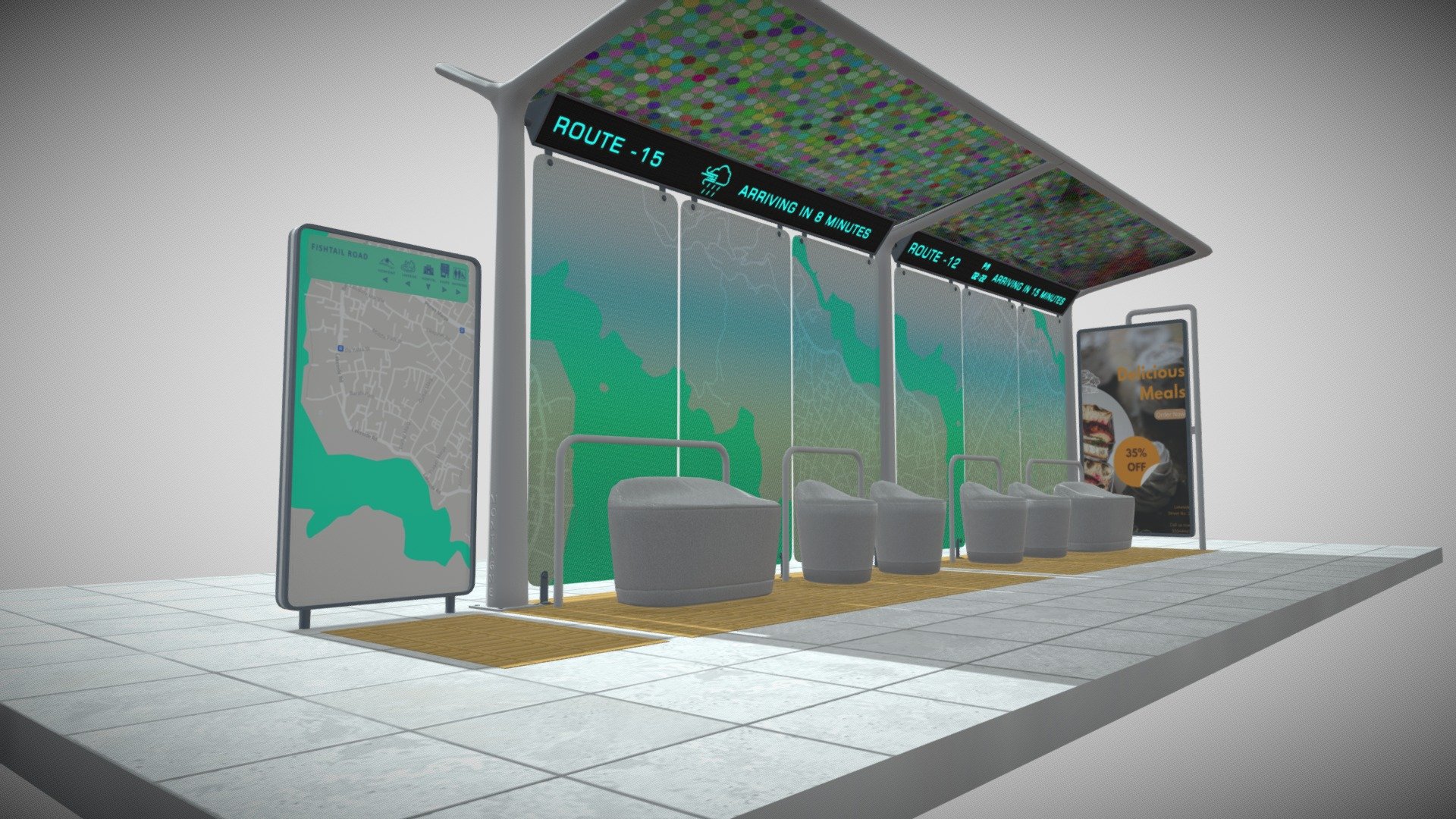 A simple Modern Bus Station that gives route information and location information.