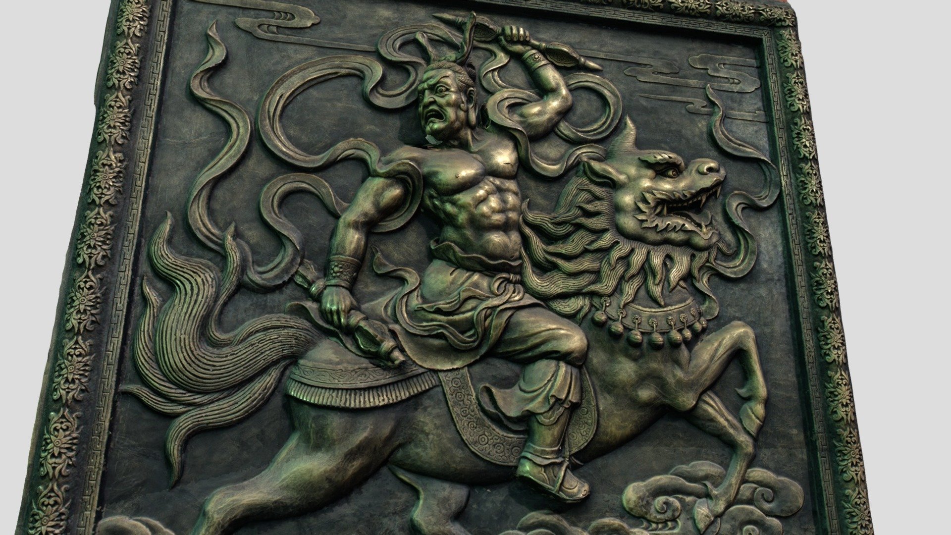 sculpture on the wall of a Buddhist temple，This is one of two symmetrical pictures