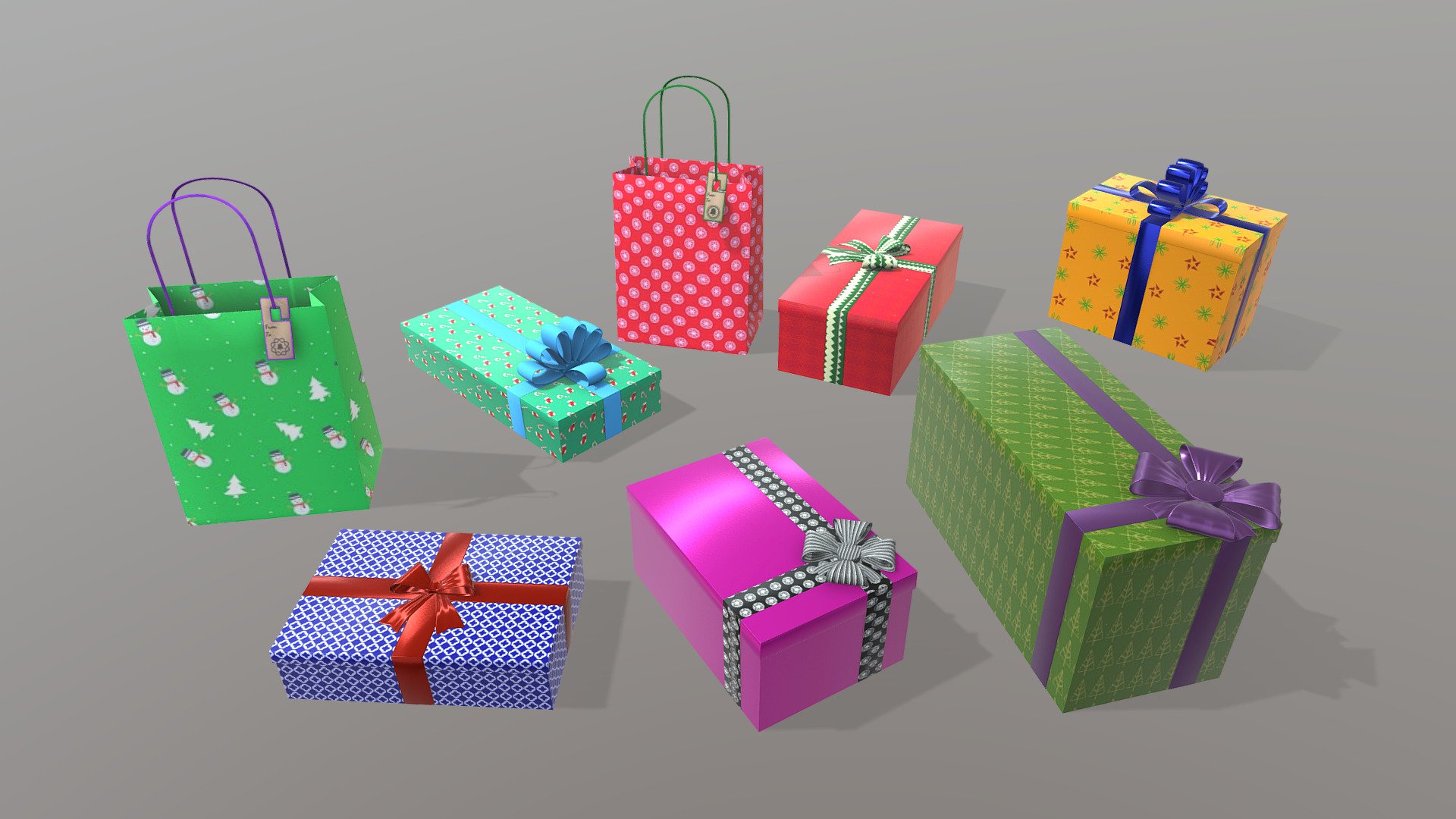 Gift Boxes Pack
(Real proportions).




The object is a unique mesh and one single material. 

The pivot point is centered at the base of the mesh (0.0.0). 

The topology is quad-based. 

There are no ngos in the mesh. 

All texture file names are prefixed with the object name, followed by the default PBR texture name. 

Game Ready. 

There is a zip file with .blend, .obj and .fbx and  textures. 

*If you need any texture or mesh adjustments, let me know.