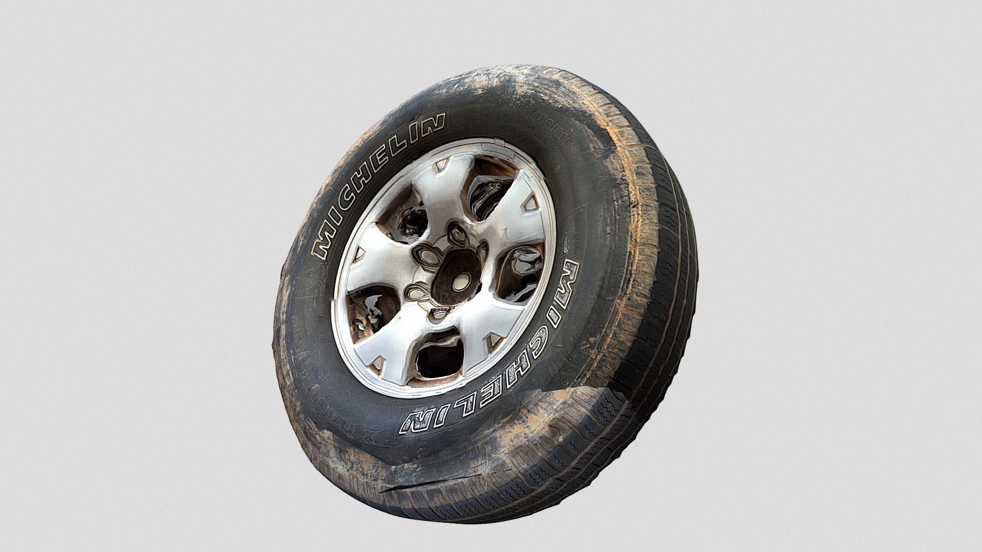 A 3d model of a worn out tacoma Truck tire from Michelin.