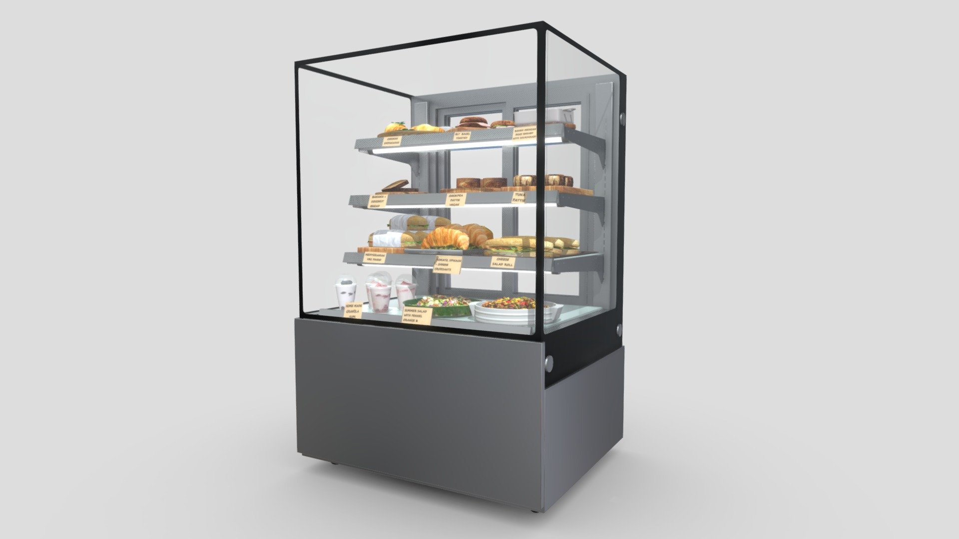 This model is a representation of a food showcase in a cafeteria called Little Olive Leaf Café located in Carawatha Park in Australia.
FD4T0900A | 4 Tier 900mm Ambient Food Display
Bromic FD4T0900A 900mm Ambient Food Display offers a stylish, purpose-built solution for displaying cakes and delicacies at ambient temperature.
 beautiful stainless steel finish offers a modern, sophisticated look that would complement any interior decor.

DIMENSIONS
W900mm x D740mm x H1360mm
VOLUME
417L

this showcase contains 11 food dishes
chicken empanadas
Blt bagels toasted
Baked mexican eggs served with sourdough
Banana + coconut bread
Chickpea pattie vegan
Tuna pattie
Tomato spincach + cheese croissant
Mediteran veg panini
Cheese salad roll
home made granola cups
Summer salad with fennel orange &amp; sunflower seeds