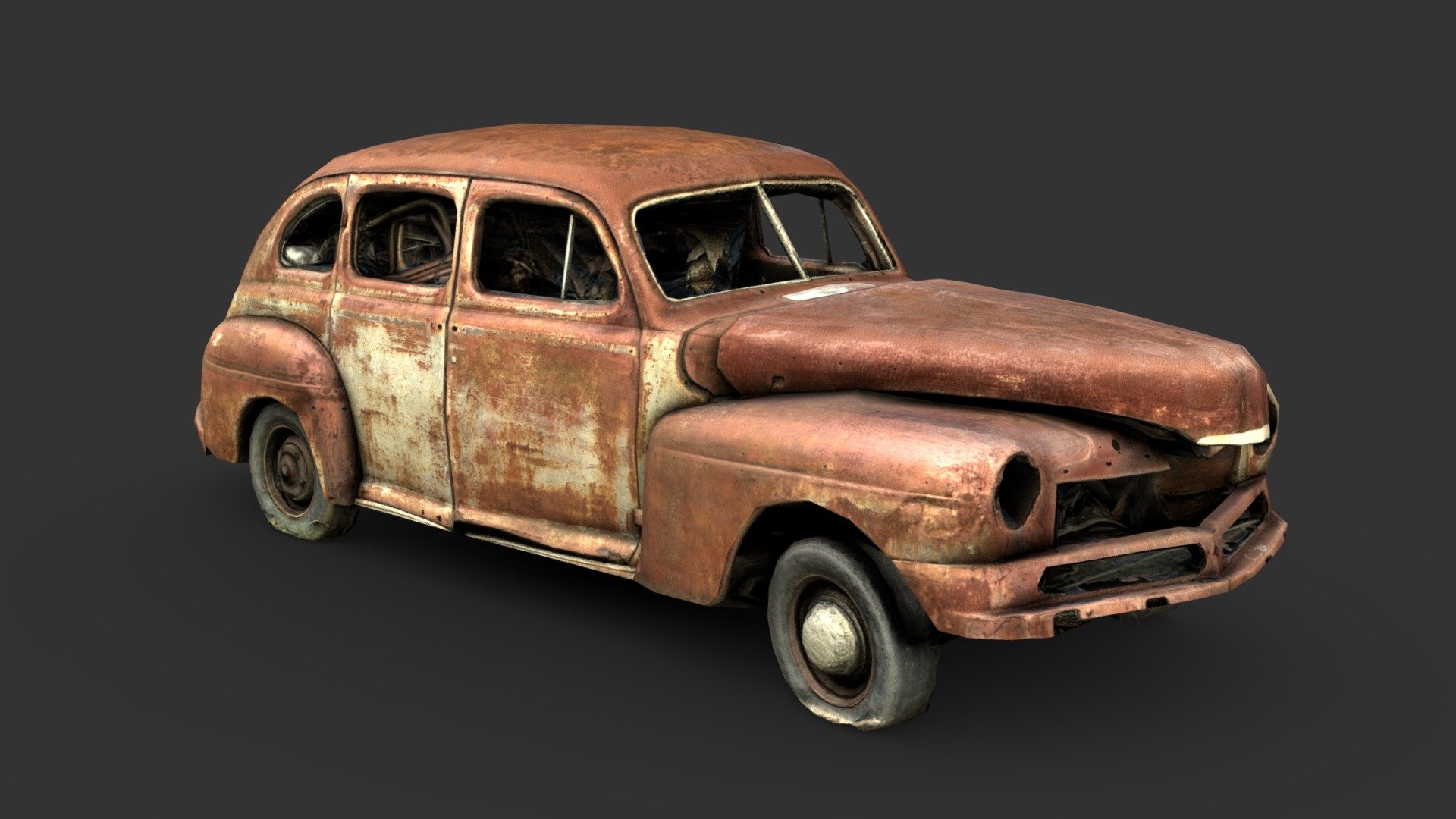 This car's missing so many pieces that it's unidentifiable. Made from a 3D scan, and turned into a gameready piece as practice.

Retopologized in Topogun and 3DSMax, texture tweaking and baking done in substance painter.