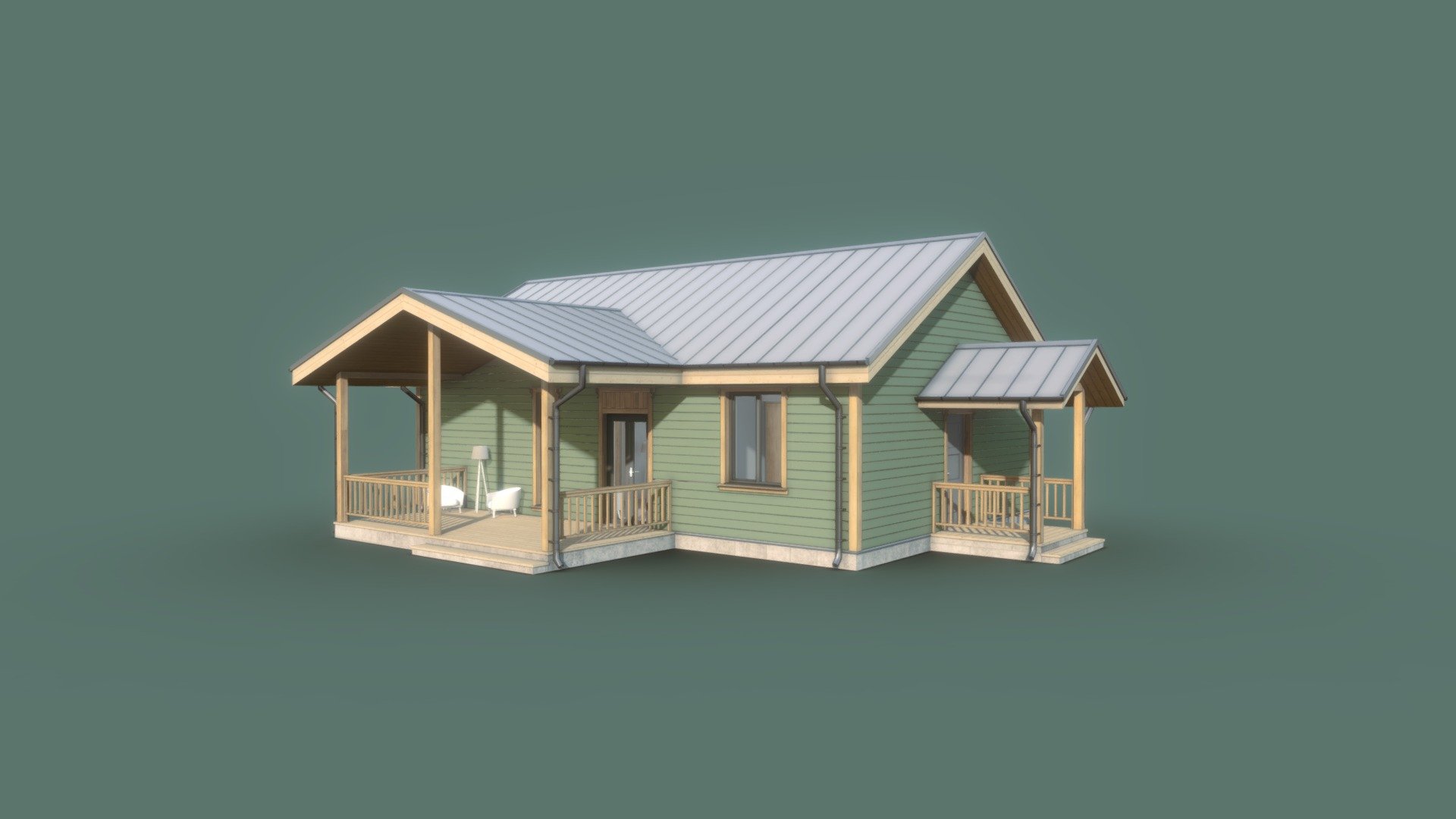 Modern wooden house with furniture. This wonderful cozy house has a nice optimized polygonal structure. The textures are baked with light. The interior is filled with simple furniture. The interior and furniture textures are also baked.