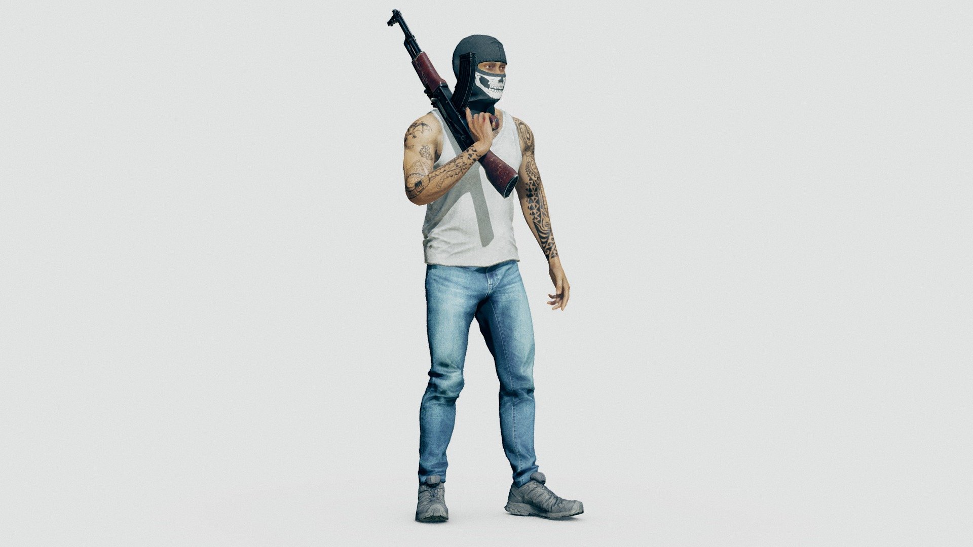 Hitmen (Spanish: Sicarios): The armed group within the drug cartel, responsible for carrying out assassinations, kidnappings, thefts, and extortions, operating protection rackets, and defending their plaza (turf) from rival groups and the military.


Separate materials for the clothing, body parts/skin, eyelashes and rifle.

PBR 4k textures in PNG format.


I used scans/ high poly meshes of the clothing that i optimized and re textured: 

Jeans- Scan_Man_retop by Digital_craft_union under CC-BY

Tank Top- Tank Top by Shift4cube under CC-BY

Boots- Black Boot by Eydeet under CC-BY

Balaclava- Balaclava by Shedmon under CC-BY
