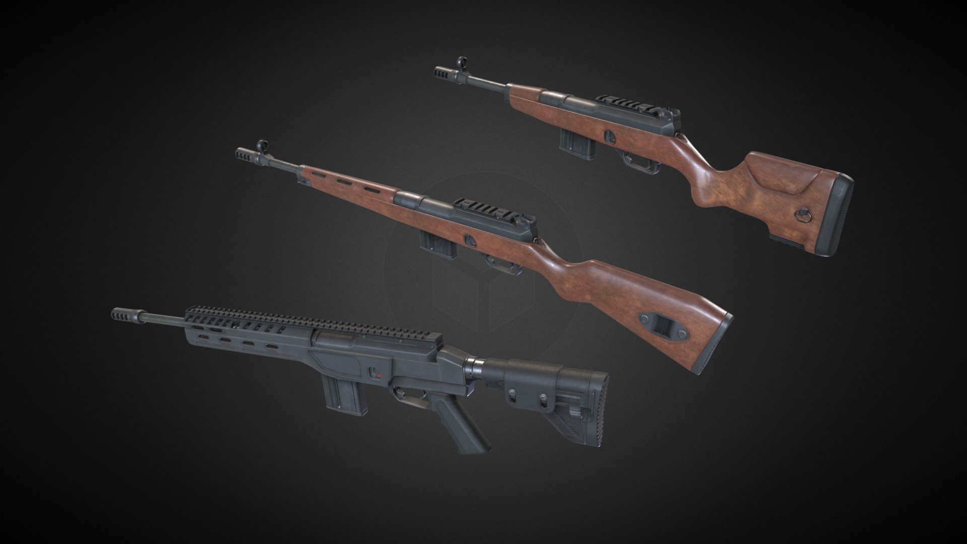 Classic looking hunting rifle from 80' chambered in 7.62×51mm with two additional body models, fancy short and tacti-cool aluminium.  

All three versions are rigged, but there are also files with all parts separated.

Rifle have 3 Main PBR Materials in 4K, plus separate 4K for aluminum and short variants, plus separate for stock/muzzle. Default Wood/black and FDE/carbon-fiber colors are included.

Verts: 14.6K (standard model)

Tris: 28.8K (standard model)  

Made in Blender.  

NOTE! In preview model I used jpg textures as original uncompressed ones for all three variants are a bit heavy.