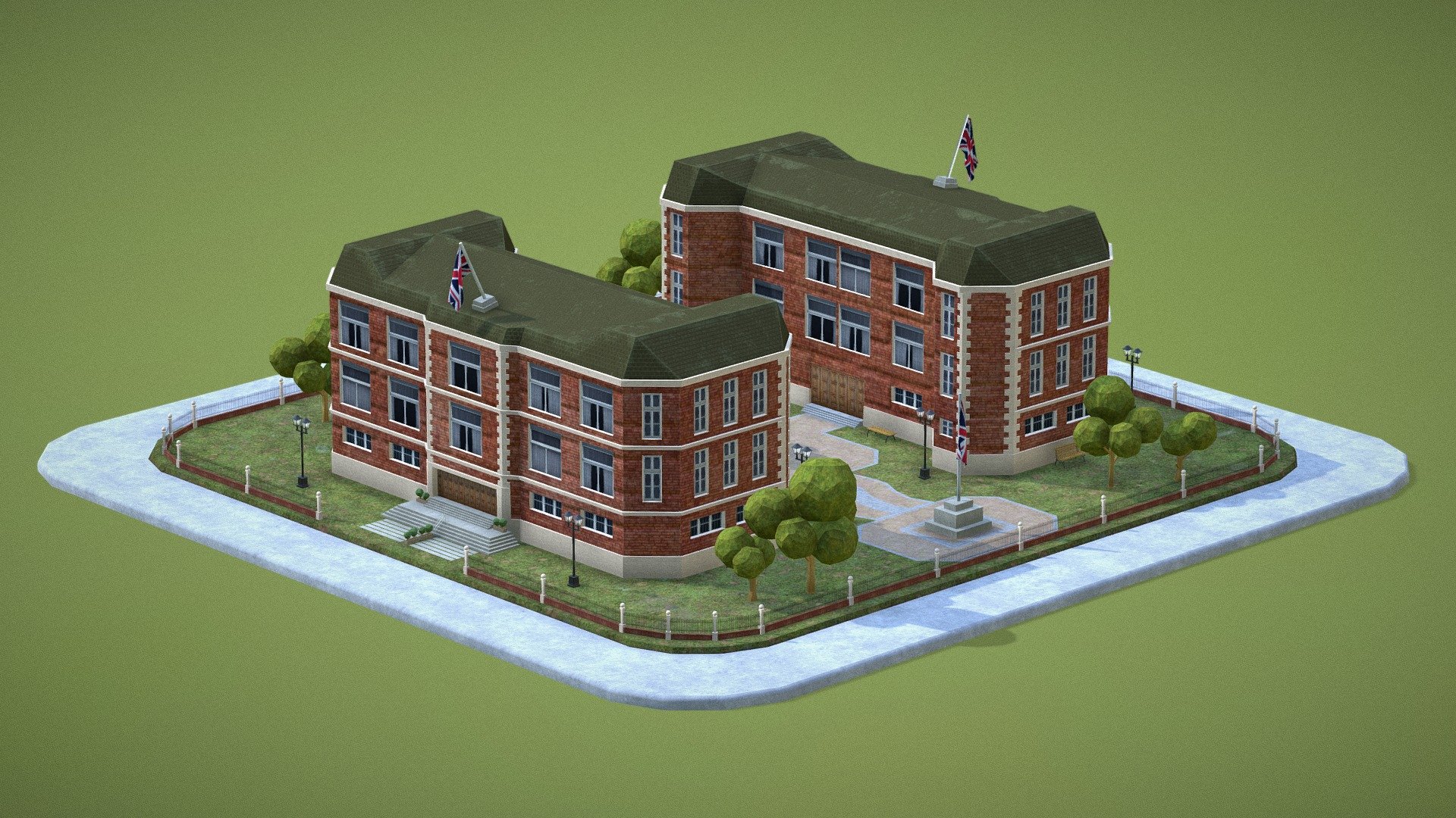 British School building

Lowpoly model. Made on 3D Max 2019, render with RedShift 2.6

-All objects named in english

-Available in other formats: Obj, Fbx, 3ds, Stl, Abc, Dae and C4d (Other formats may vary slightly depending on your software)

-Exported in 3D Studio Max 2017*

Polygon count: 





33.150 Quads




65.000 Triangles




34.800 Vertex



&ndash; If you liked my product, please, don't forget to rate it. That will help me a lot. Thanks! &ndash;