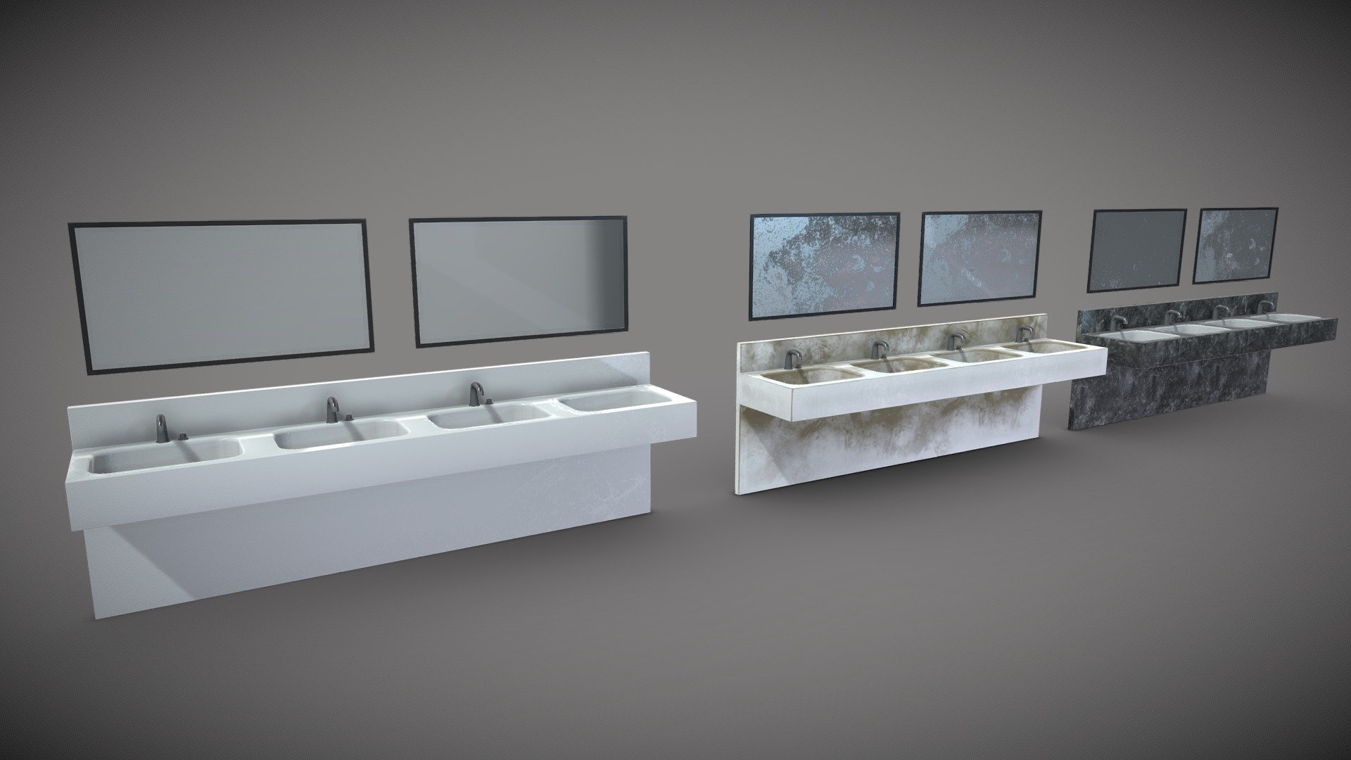 A set of bathroom sinks with mirrors, handy prop to use in any sort of environment. 

Clean, dirty and marble. 

PBR textures @4k