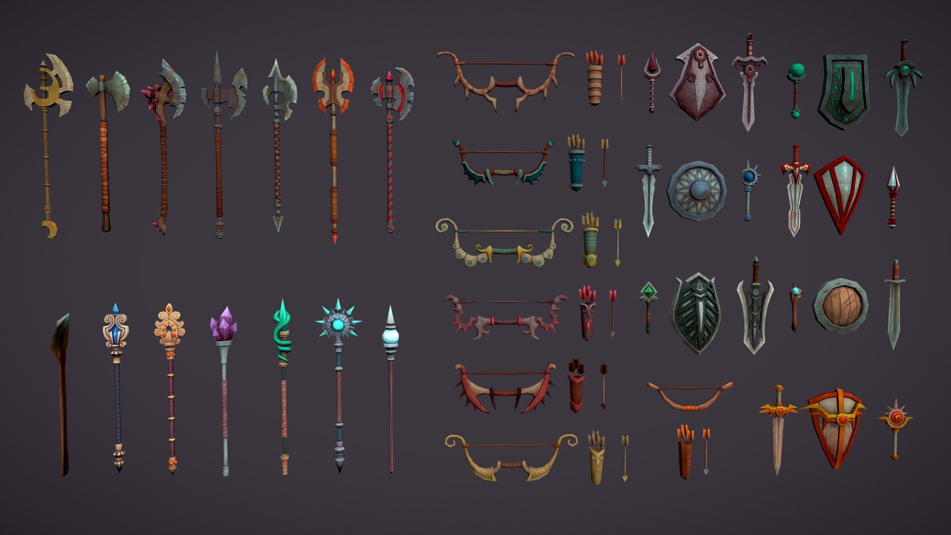 Lowpoly handpainted fantasy weapon set - bow, axe, sword, shield and staff.




42 unique models: 7 in each category: bow, axe, sword, shield, twohanded staff, magic stick

14000 polys in preview scene (100-800 polys in model)

42 unique texture: diffuse map 1024px in .png format

all models separated in different .fbx files

shoot animation for bows 

you can buy smallest set of weapon from this bundle separately in my portfolio 

If you have any troubles be free to write me