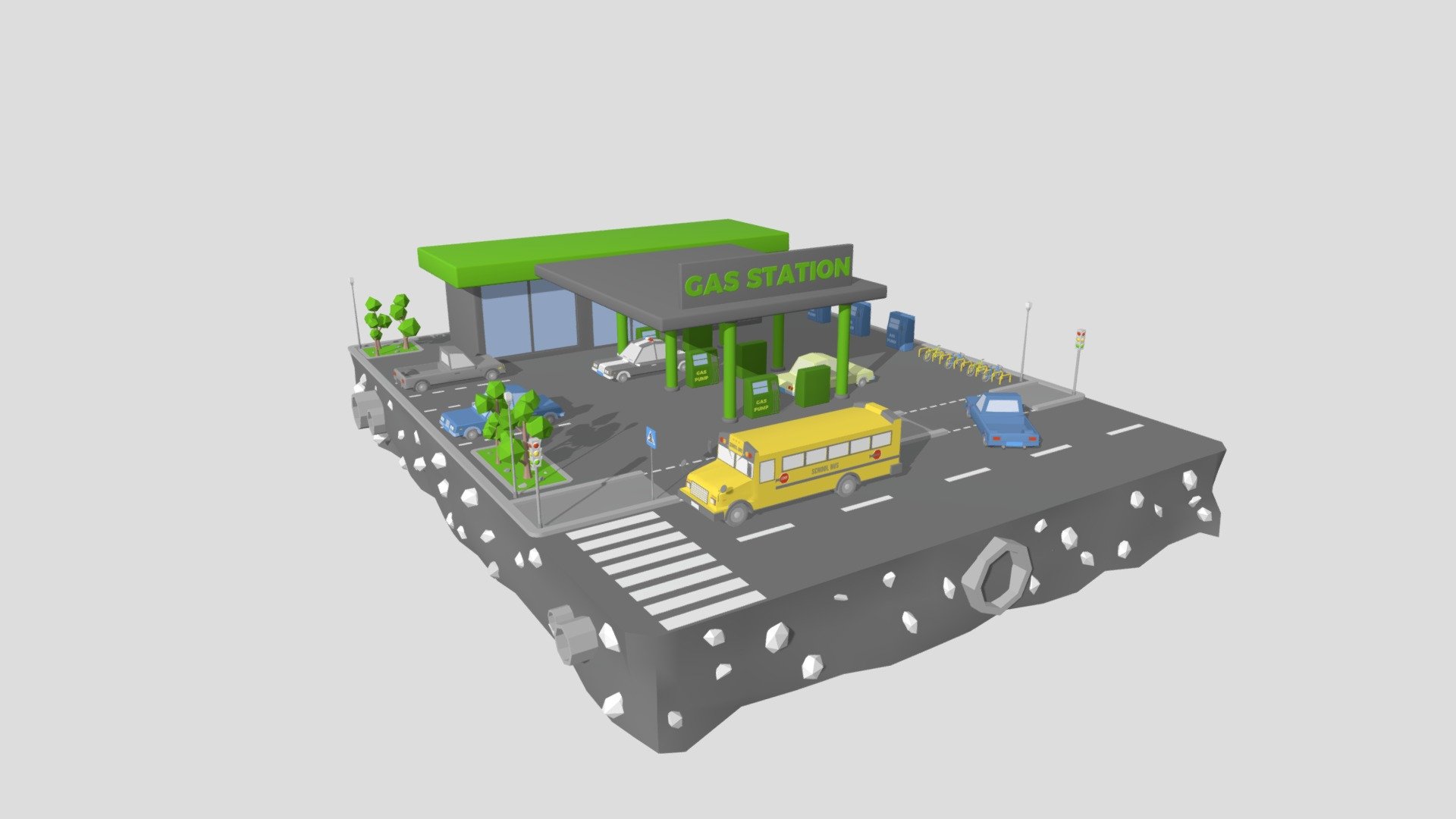 This is a great Gas Station Low Poly 3D model for you projects. 

This scene includes the following:

Low Poly Gas Station with Gas Pumps and Air Pumps
Low Poly Car Truck, Car, Police Car and School Bus
Low Poly Bicycles
Low Poly Trees
Traffic Lights, Road Signs

Created in Cinema4D R25. No third party plugins needed. Standard Render with standard materials. 

Formats included: .c4d .obj .fbx .3ds 

Poly Count: 159589, Points Count: 169775, Object Count: 2660

I hope you will like it. Also, make sure to check my other models. Don’t forget to leave the feedback and rate the models. Thank you

station, 3d, gas, gasoline, fuel, oil, pump, transportation, diesel, energy, petrol, petroleum, hose, sign, render, gas station, car, equipment, transport, service, tank, auto, automobile, vehicle, illustration, pipe, filling station, fuel pump, 3d illustration, isolated