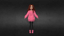 Girl in a hoodie pink, hoodie, femalecharacter, girl-model, a-pose, stylizedcharacter, red-hair, girl, stylized, casualstyle