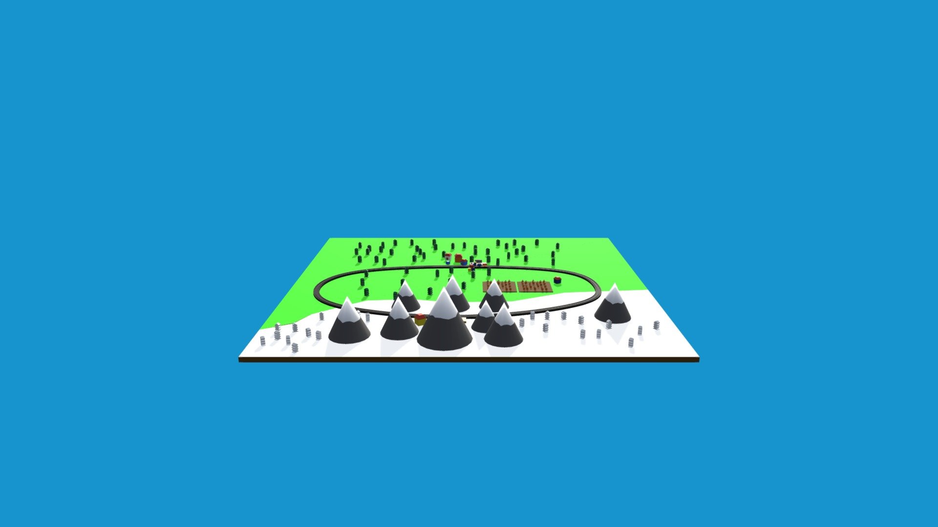 A simple cartoon scene of a train passing in a railroad between two stations.
