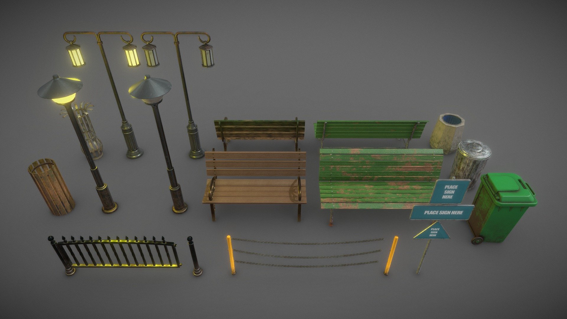City Street &amp; Park Asset Pack. Volume 1
Includes:
3x Garbage Bin - 2k Textures
2x Bench ( 2 versions ) - 2k Textures
2x Street Lamp ( ON \ OFF versions ) - 2k Textures
2x Tree Cover - 2k Textures
2x Fences with endings - 2k Tekxtures
1x Sign ( with 3 different sign shapes ) - 2k Texures