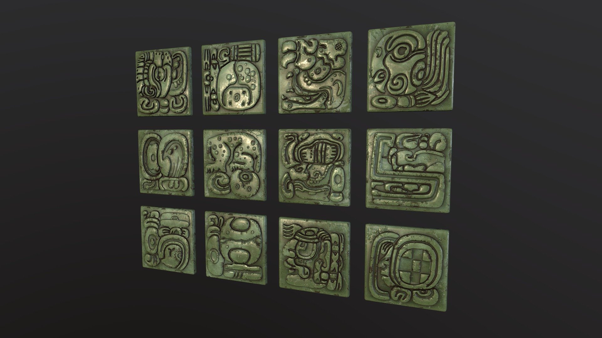 3D model of a collection of ancient jade tiles. Mayan and aztec glyphs on the bas-relief.
Can be used as ancient artifacts or for inlaying art objects with them.