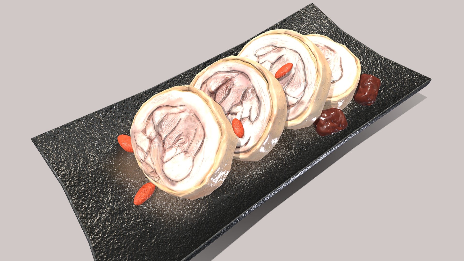 Hi~ It is a Asia food_drunk chicken

It has 2980 Polys and 3000 Vertex.
It can be used in game,VR,AR,CG. 

It have 5 textures(PBR)

2048*2048 size

BaseColor1
Ao1
Metallic1
Normal1
Roughness*1

Display pics use Marmoset Toolbag to render.

I hope you like it~

Thank you.If you have any question , please tell me.
