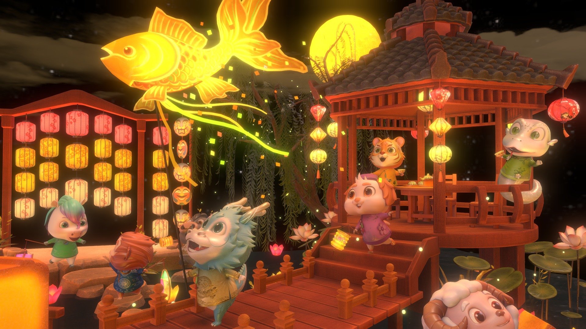 Under the bright moonlight of the full moon night of the Mid-Autumn Festival, the zodiac animals gather to reunite with Bunny.

Mid-Autumn Festival is a meaningful and important holiday in the folk culture of many Asian countries, especially Vietnam. Everyone will gather to eat cakes, drink tea, release lanterns, watch the moon and play fun games.

Wishing everyone to feel that happy atmosphere, hope that will be shown through our cute 3D models in this concept.

We hope you will like it and support us in the next projects.
Wishing everyone a happy Mid-Autumn Festival!