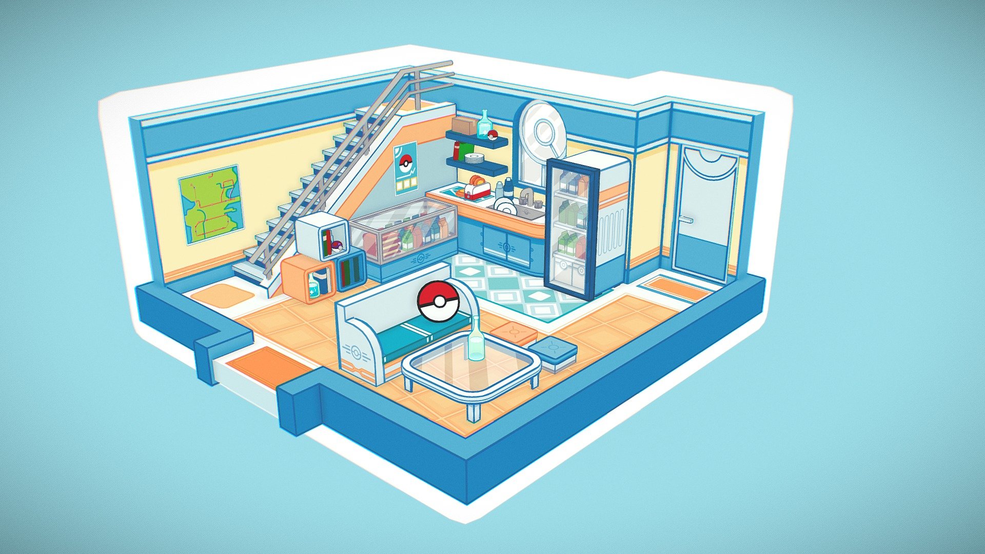 The new Pokemon games was a good opportunity for studies. I've try to imagine a room in a style between Animal Crossing and Pokemon. I hope you like it!

(Note: textures are ridiculously unoptimized, you can check if you want: it's a big mess)
