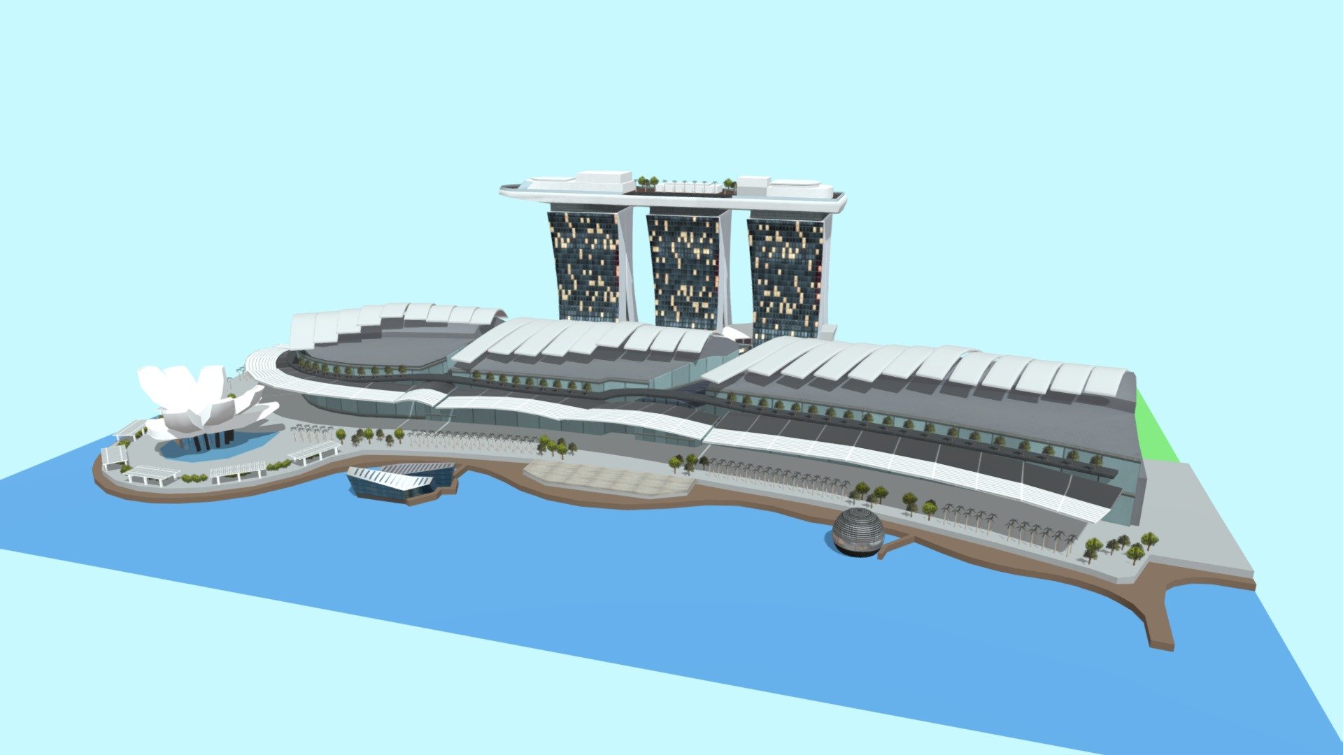 Marina Bay Sands Singapore, full version. Includes:\n\n\n\n\nHotel (3 towers + ship platform)\n\nThe Shoppes shopping mall\n\nArtScience museum\n\nLV Island Store\n\nApple Store\n\nScale model visualization. Maps 2048 x 2048. Low poly, game ready. FBX suitable for game engine usage. GLB file can be plugged in to Microsoft Powerpoint Office 365 (Windows).