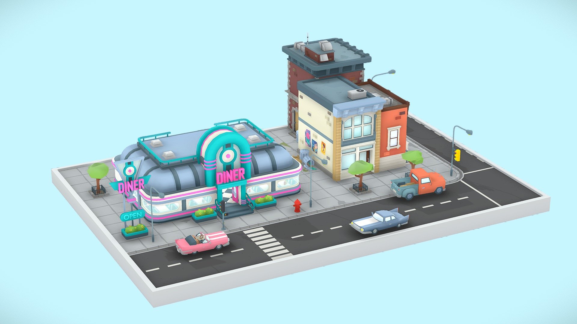 A diroama of a Diner and surrounding buildings created using the assets I made for Blast Royale's battle royale map.