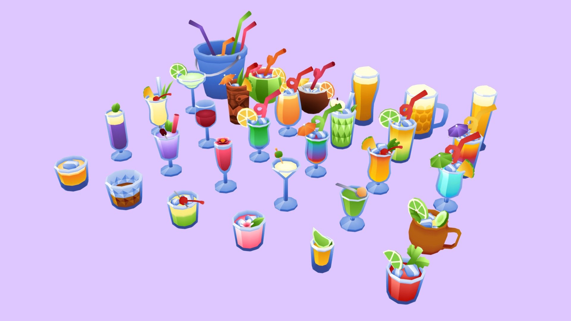 These cute and colorful drinks are perfect for your lowpoly and mobile game needs. 
This package contains 100 Drink Assets and 14 glasses plus a cocktail shaker.

Tris: 400tris average Texture: 512x512px

These are part of >Jacky's Lowpoly Cocktail Pack< on the Unity Assetstore.
https://tinyurl.com/jackyscocktails