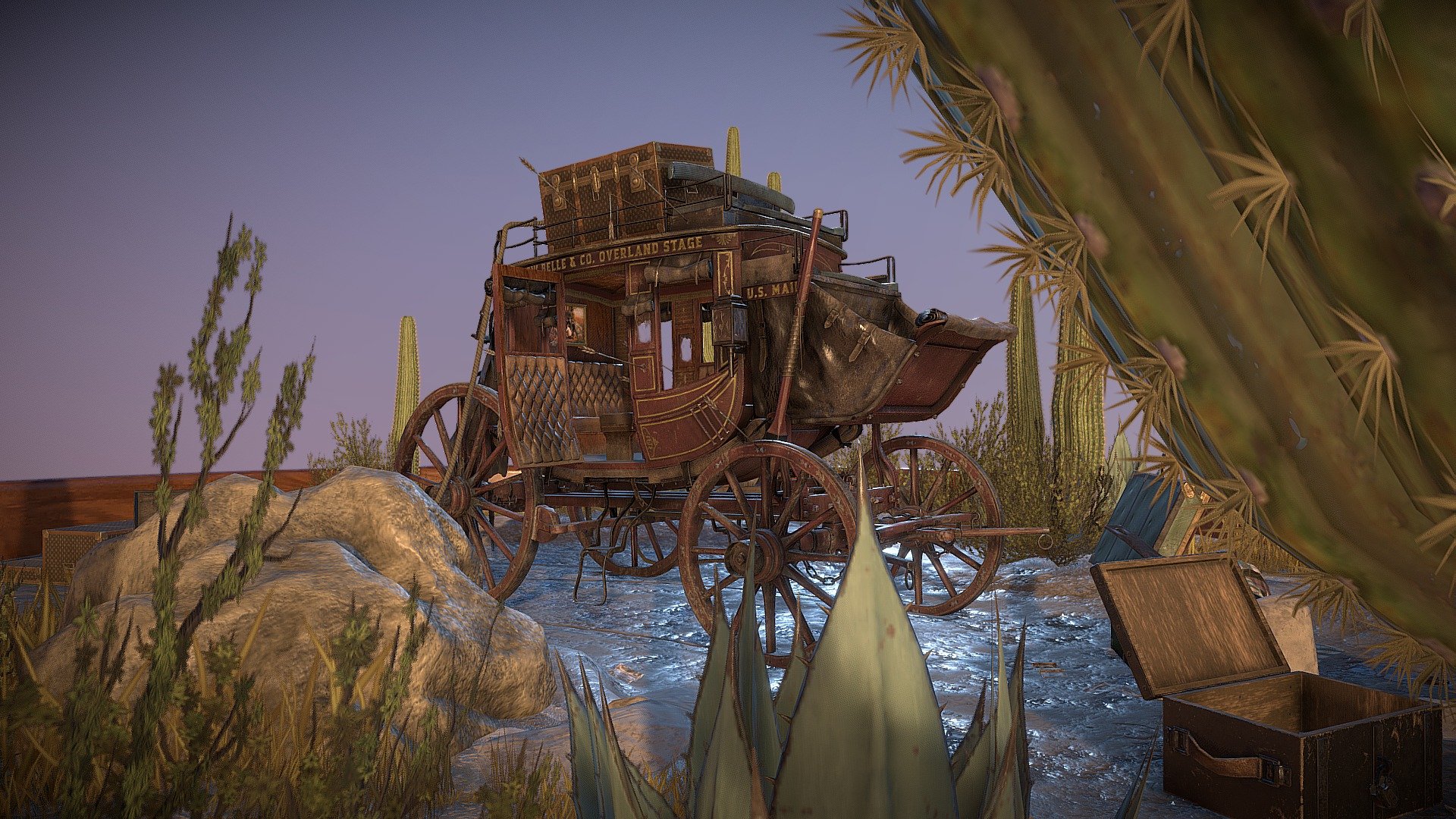 A diorama, video game &lsquo;Western' scene depicting an abandoned stagecoach in the New Mexico Desert.

Created using 3DS Max, Zbrush, Photoshop and Substance Designer.