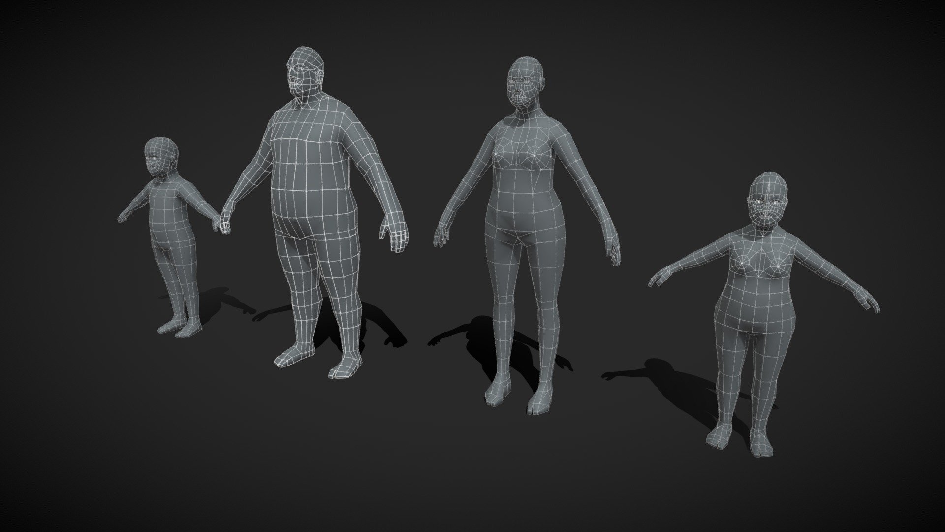 Fat Body Base Mesh 3D Model Family 1000 Polygons consists of 4 base mesh models:




Male Body Fat Base Mesh 3D Model 1000 Polygons - 1054 Polygons, 999 Vertices

Female Body Fat Base Mesh 3D Model 1000 Polygons - 1062 Polygons, 992 Vertices

Fat Boy Kid Body Base Mesh 3D Model 1000 Polygons - 954 Polygons, 919 Vertices

Fat Girl Kid Body Base Mesh 3D Model 1000 Polygons - 1066 Polygons, 1010 Vertices

You can buy any of them as a single model, or save 25% if you buy this pack.

All models are completely ready to be used as a starting point to develop your characters. Good topology ready for animation.

Technical details:




File formats included in the package are: FBX, OBJ, GLB, ABC, DAE, PLY, STL, BLEND, gLTF (generated), USDZ (generated)

Native software file format: BLEND

Blender scene included.

You can purchase the model on FAB: https://www.fab.com/listings/31c78420-58be-4206-b3b9-4c72098251b7