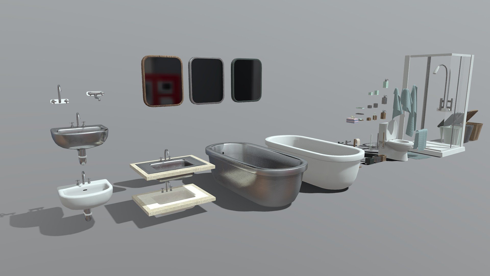 Includes the following models:

Pack 1:




basic sinks in 2 textures (ceramic &amp; metal)

2 different styled faucets

flat sink with metal &amp; ceramic basin and marmor base plate

Pack 2:




mirrors with 3 different textured frames (wood, metal, stone)

Pack 3: 




bathtubs with 2 textures (ceramic and metal)

Pack 4:




bathroom accessoires, for content check https://skfb.ly/oANFF

Pack 5:




toilet in ceramic texture

Pack 6:




set of 4 towels with cotton texture

bathroom/shower mat with cotton texture

Pack 7:




shower with glass doors, ceramic basin and handles

wall-mounted and flexible shower head

Pack 8:




bathroom bin/trash can with lid in 3 textures (plastic, wooden, metal)

This bundle is off by more than 50% of the individual base prices!

Check our account for other style-fitting models.