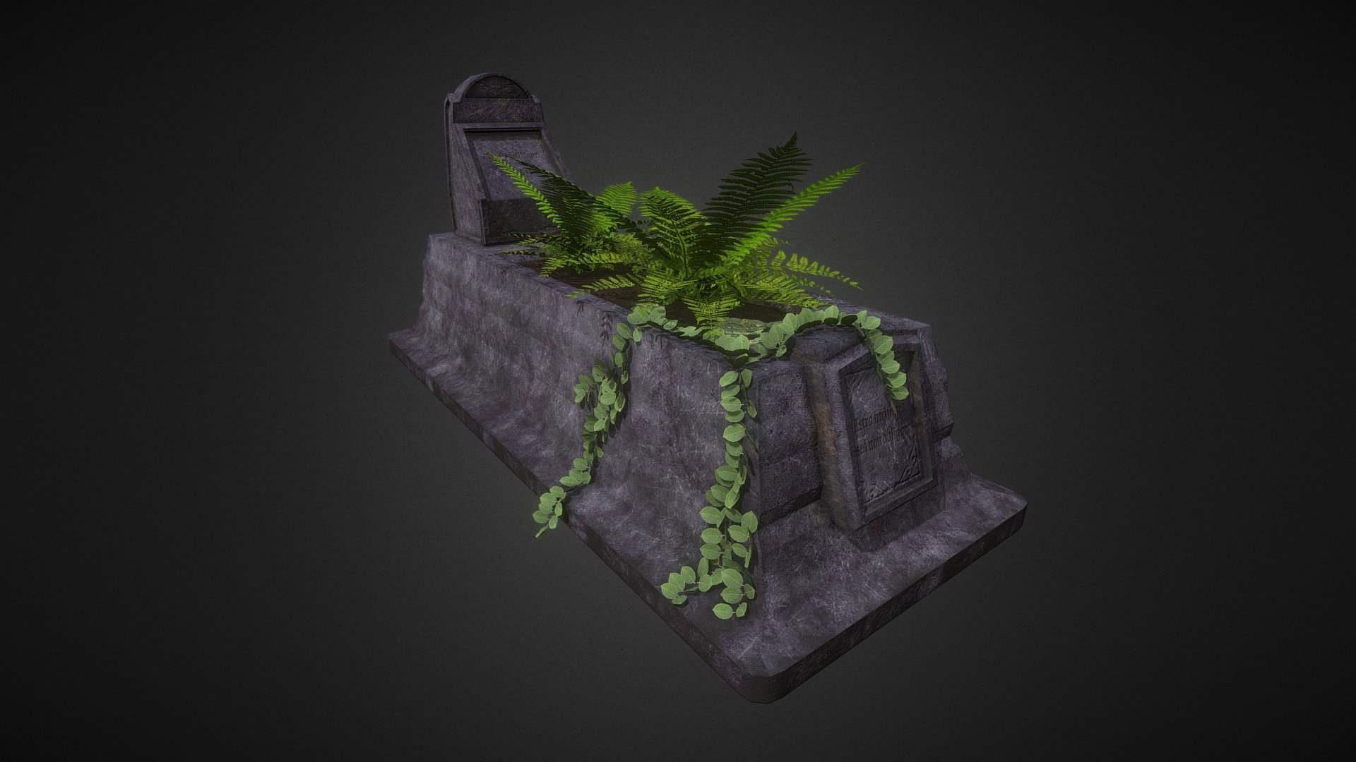 A cradle grave consists of a gravestone, a footstone, and two low stone walls connecting them, creating a rectangle designed to hold plantings to memorialize the person buried below. It resembles a bed, with a headboard and footboard, and flowers planted resemble a lovely blanket of color and texture. 

This model is low poly, and somewhat customizable. You can remove the plants, or even the dirt, since the bottom of the grave is also present and textured. 

Elsie Mulliner rests here, as an Imaginary person that lived from 1797 to 1832, but I could put a custom name on the gravestone at no charge; all you need to do is ask!