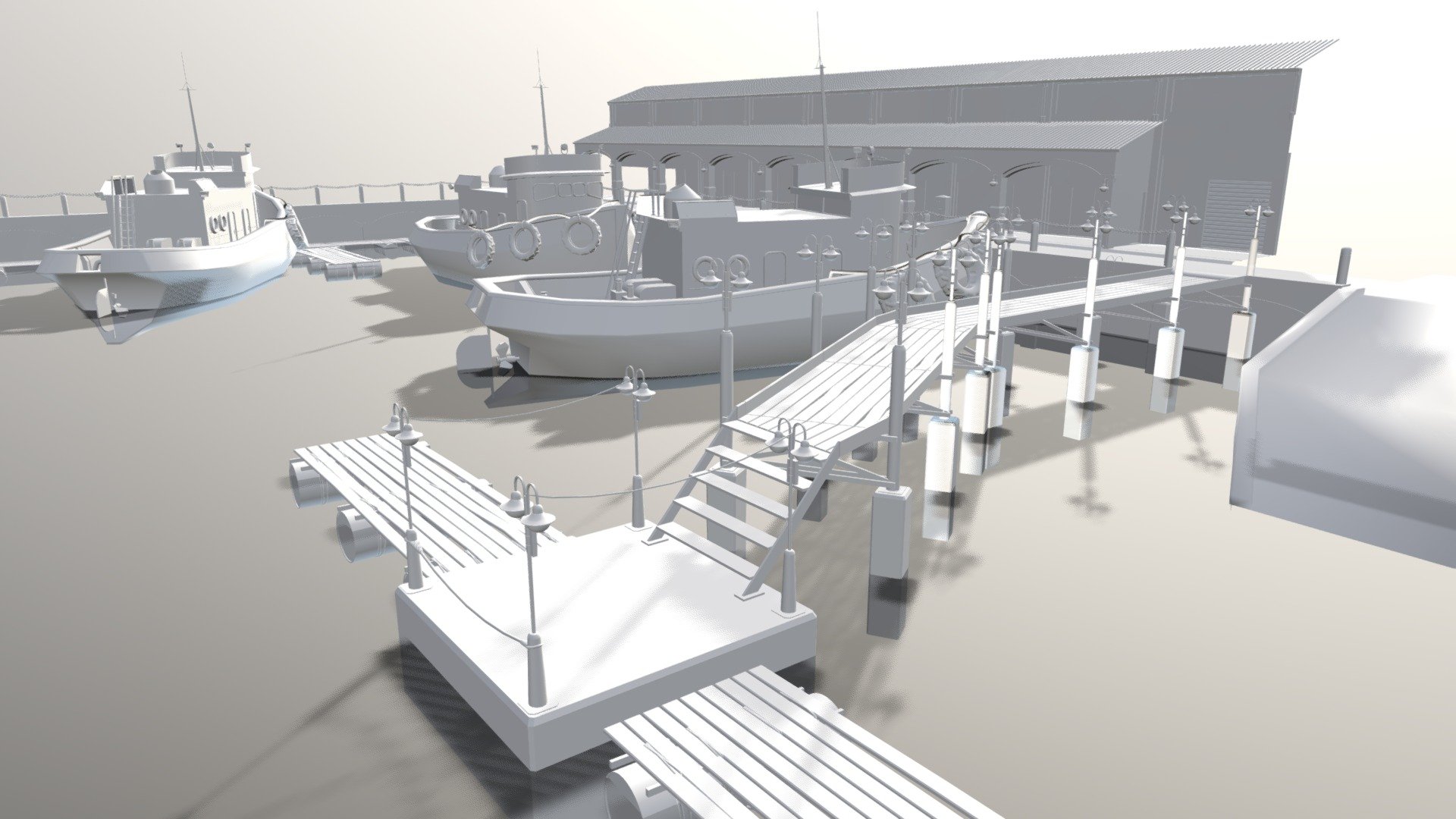 The scene is built around modular content showing a 3D Harbor Pier or dock and bay area, with a number of small trawler type boats in the area. Also, a floating dock with a jetty or boardwalk.

what you get: 1 x blender scene with full harbor Blender 2.79
1 x Max 2015 / Scanline scene
1 x FBX Export