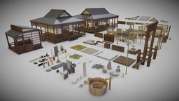 Japanese Low Polygon Pack food, japan, prop, furniture, 3dassets, architecture, asset, blender, lowpoly, model, gameasset, house, home, modular, japanese