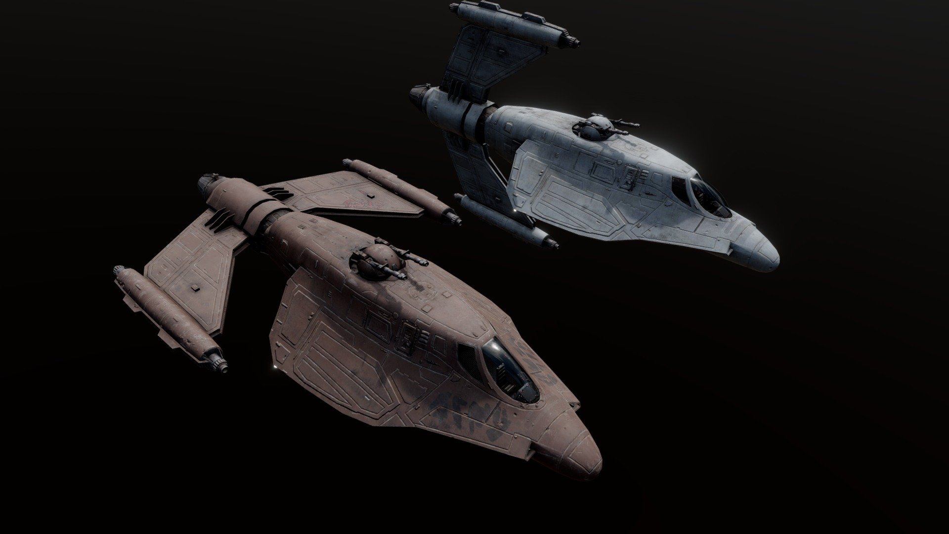 A low poly Skipray Blastboat, from the Star Wars expanded universe / Legends. This older imperial ship featured a rotating wing, and in the post-OT era more often than not appeared with in rusty brown tones, often operated by bounty hunters or pirates, so I've included 2 different colorschemes with this one, aas well as a cockpit interior.

I followed the top view proportions and scale of the original design, but I was curious to try a more streamlined look, with the front wings better integrated into the fuselage. I made a few other changes and also swapped on a turret inspired by the imperial troop transport as seen in The Mandalorian. The old official model was called a GAT-12 Skipray Blastboat, you could think of this as a slightly more lightly armed GAT-10 design, better at atmospheric flight. Still instantly recognizable by any EU fan! The model is not rigged but the moving parts are all separate objects with the correct pivots and parenting for easy rotating into flight mode, or for aiming the turret.
