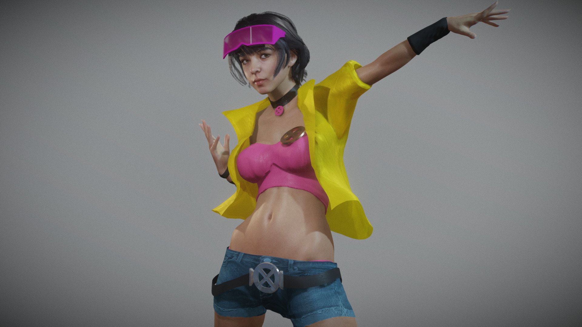Jubilee cosplay Female Girl 3D model. Basic animation loop.  Model in Blender file. Body Fully rigged, face basic rig. SSS subsurface scattering. mixamo bone names for animation. Blend file format. (you can export to any format from blender).