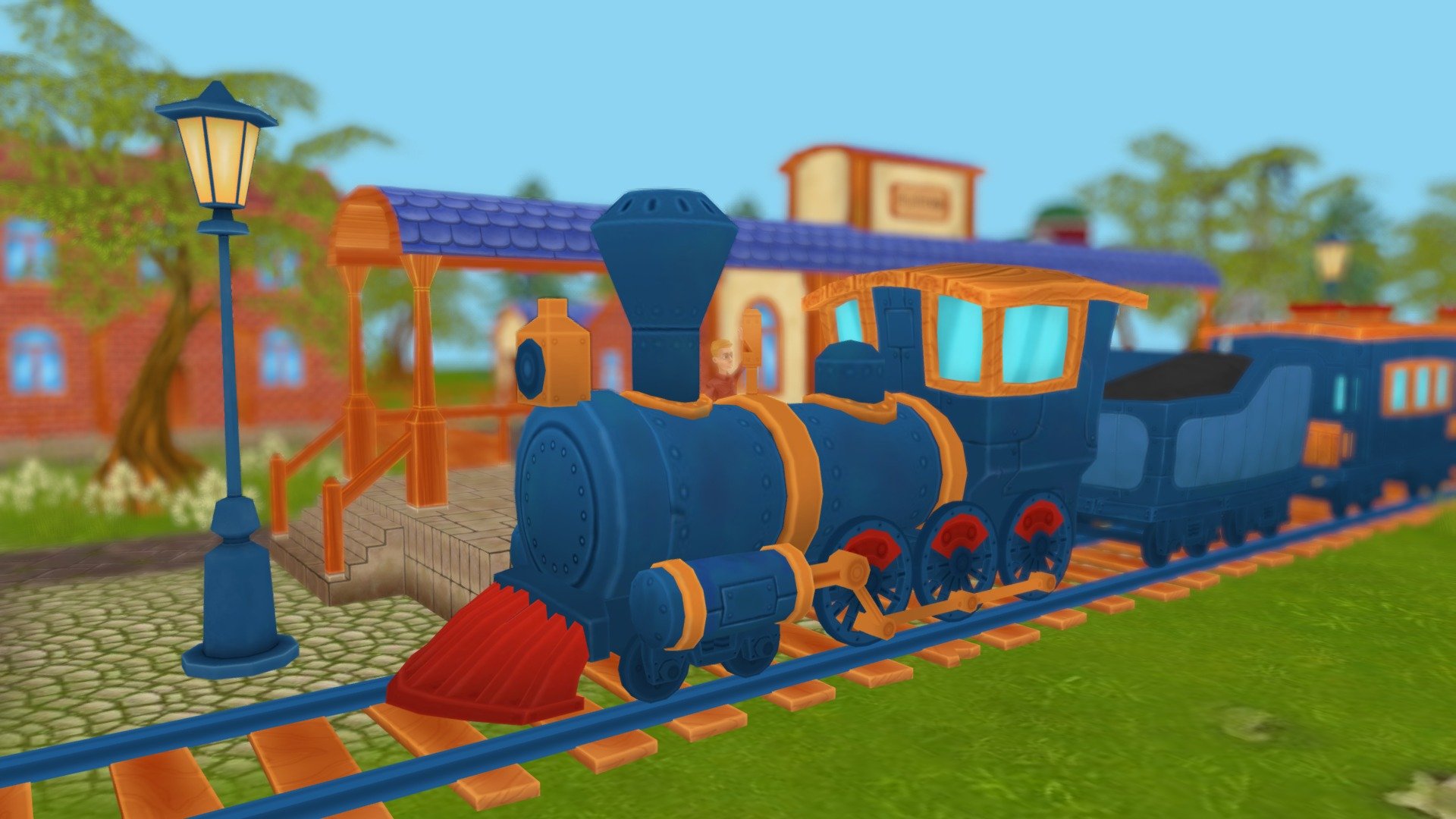 A cartoon train locomotive with wagons and rails, version 1.2.

https://www.youtube.com/watch?v=T-wFInOIsMY

https://www.youtube.com/watch?v=nJsxVSIhphg&amp;t=236s

https://www.youtube.com/watch?v=P2n0PHHWPdg&amp;t=15s

Locomotive, coal, passenger, cargo, platform, - 2 skins. All cars contain 3 animations - idle, run, run cartoon. 3 types of windows - transparent, not transparent, without glass. 2 types of railway, normal and with forms. A fork on the left, a fork on the right, an intersection. 5 buildings and platform, fence, bench. Semaphore, lamp, speaker, column, barrier, types of dead end. 6 ground textures, 2 grass texture. Model tree, spruce. Exhaust smoke. Model farm-hangar, farm-storage, farm-pump, farm-stairs, farm_fence, farm_fence_goal, tent. Character: Man - rig Humanoid.