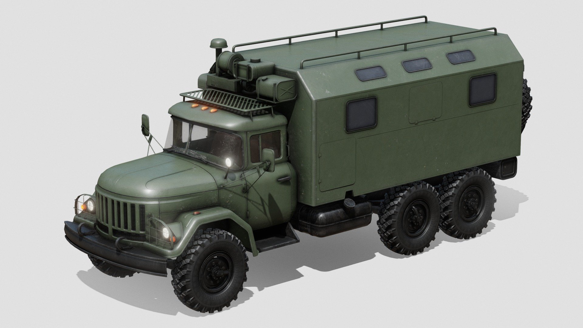General purpose 3.5 tonne 6x6 army truck designed in the Soviet Union. Here, in mobile command post version.

Separate materials for: cabin, interior, glass, frame, wheel and command module.

Wheels are separate objects.

4k PBR textures for cabin, interior and command module. 2k for frame and wheel. 1k for the glass.

Textures for glass and command module with alpha transparency.