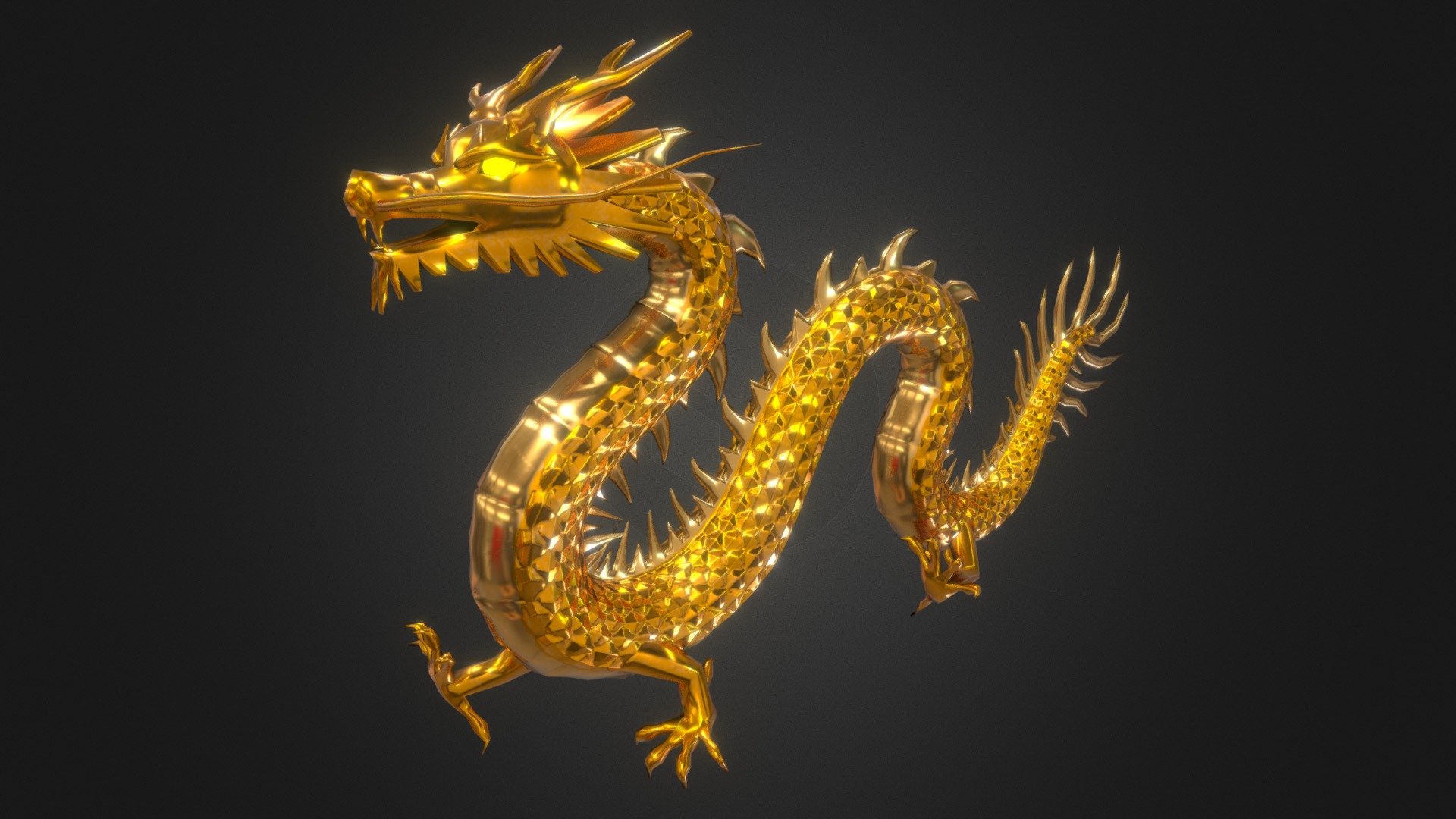 This is a 3D model of a Chinese-style golden dragon that I created using Blender and the PBR workflow.

Its materials are composed of six PBR textures: AO, BaseColor, Metalness, Roughness, Normal, and Emissive.

It can be directly imported into a game engine and render excellent effects.