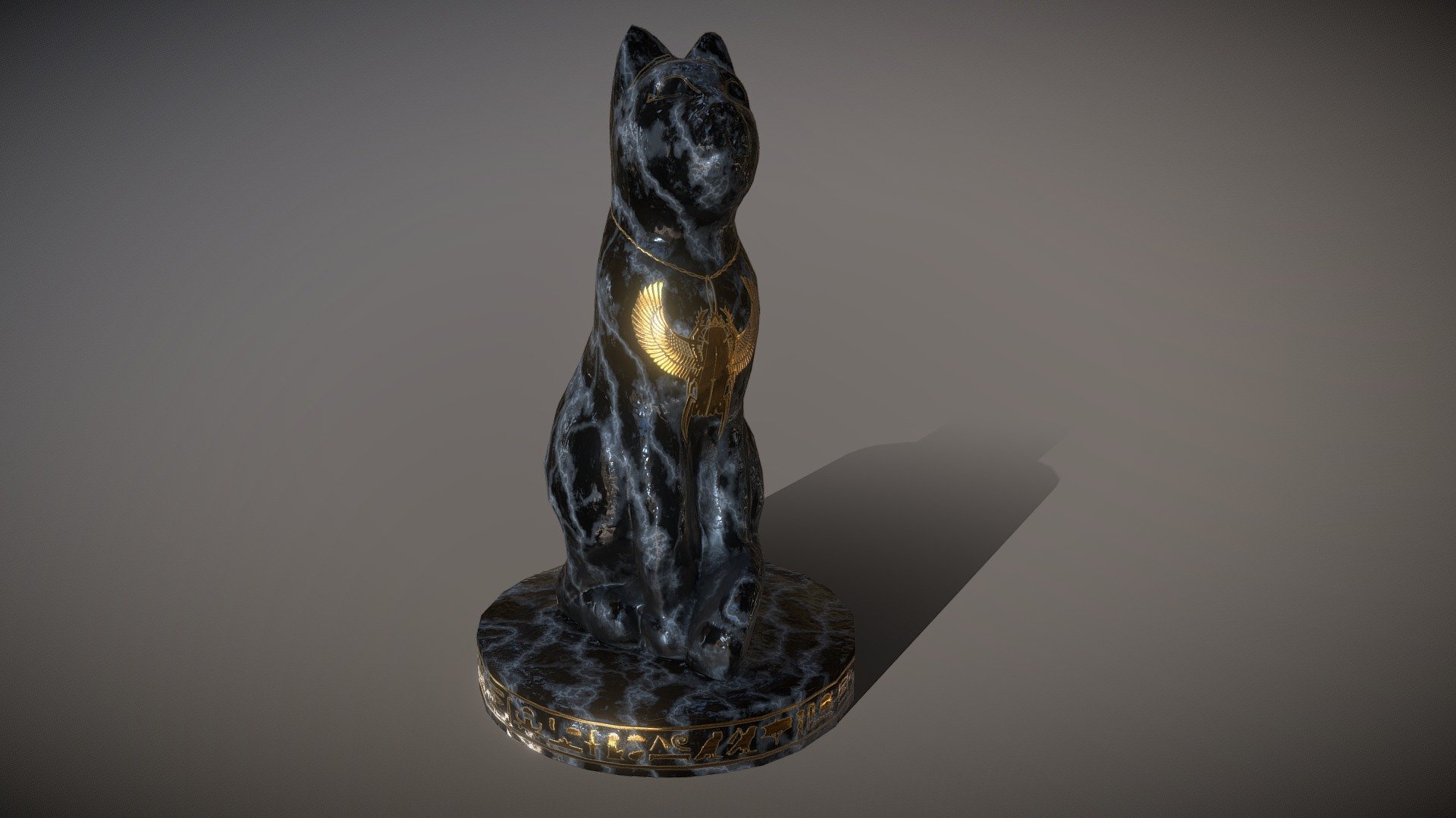 sculpted cat statue with carved hieroglyphic symbols, Egypt- style, retopologized low-poly mesh, 2K textures