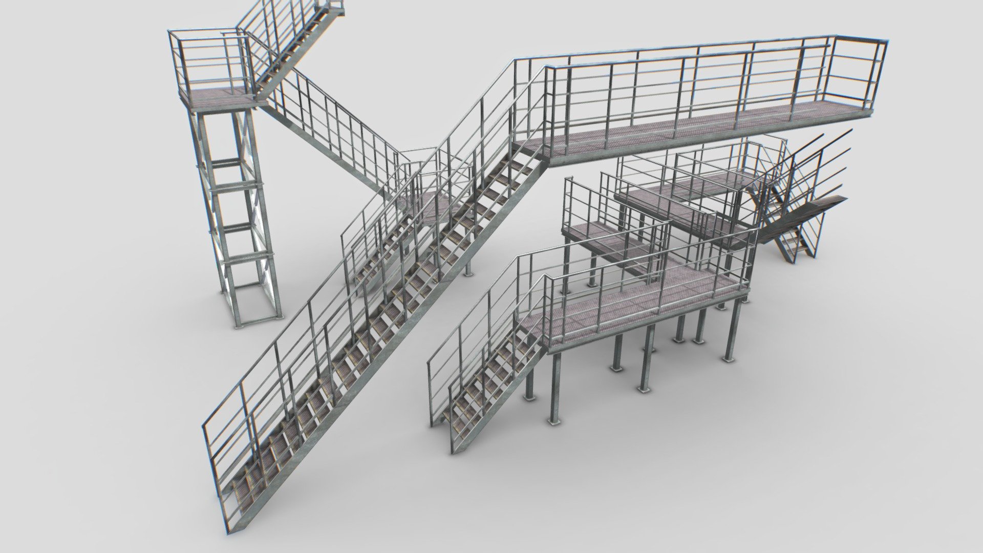 Realistic pack of industrial stairs. 26 pieces to make any kind of stairs. Realistic scale.

Comes with PBR 4096pix textures including Albedo, Normal, Roughness, Metalness, AO.

Suitable for factories, hangars, warehouses, etc..

Total number of verts: 5400 polys: 4600