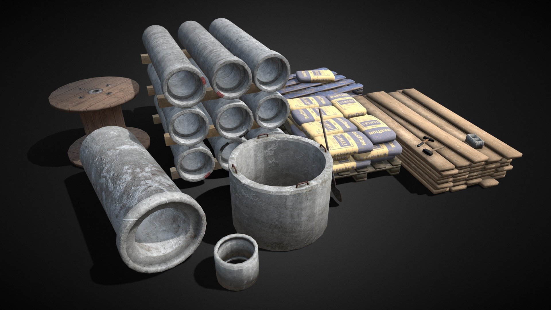 Various props you would find around a construction site or an industrial area.

Use it however you'd like.




Plank stack - 2k textures

Multiple concrete pipes - 1 and 2k textures

2 Pallets - 2k

Reel - 2k

3 Tools - 2 Hammers and 1 Shovel - 1k and 2k

1 concrete block - 1k

Cement bag - 1k
