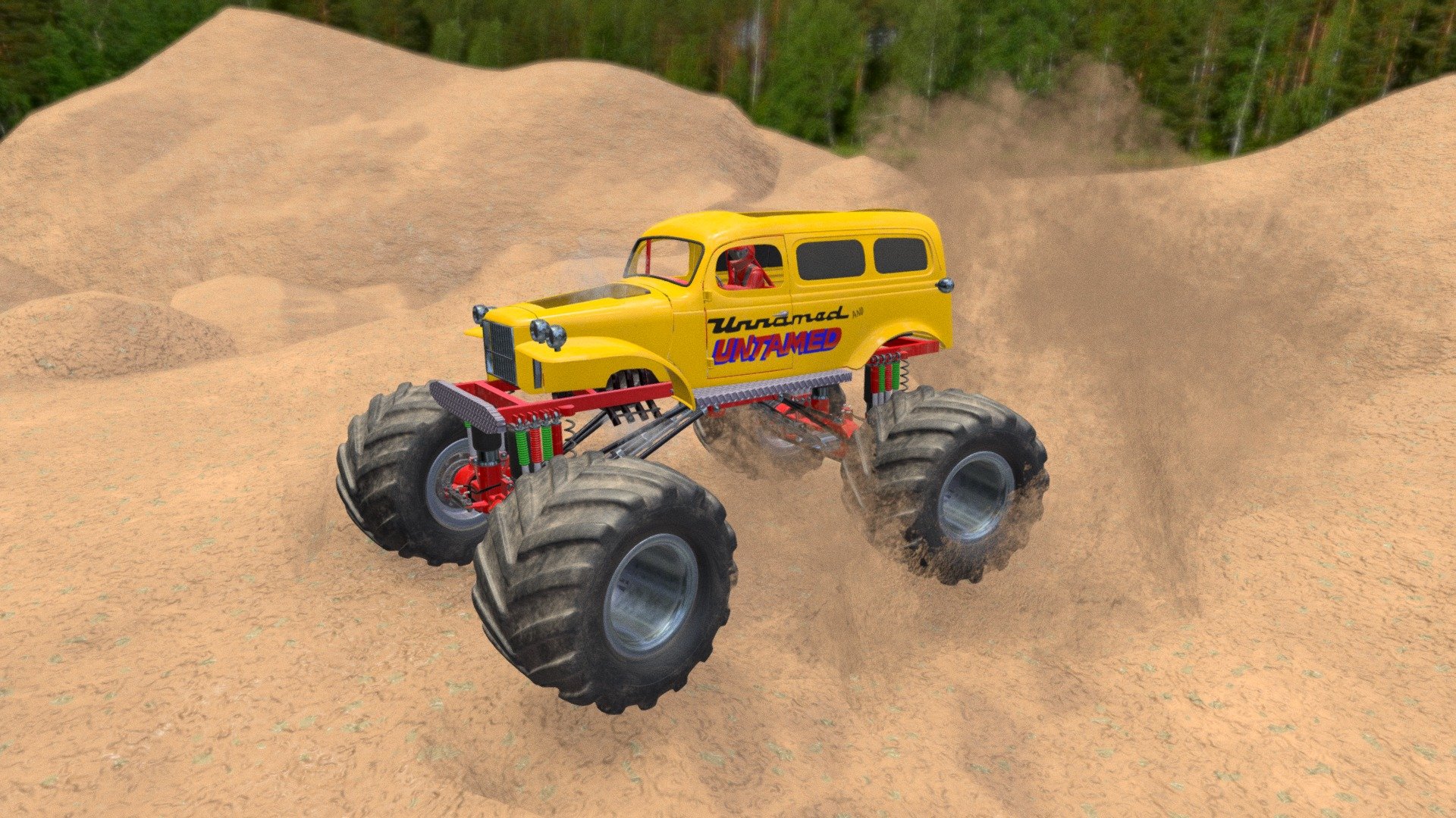 Whipped together fast scene for portfolio. Zero proper materials, and model is still wip. Part of my documentation project.

Unnamed before chassis upgrade. This chassis was originally from mud truck and was destroyed in Molella in &lsquo;90. They built new one, much stronger and with pan hard and sway bars.

Progress pics and renders here:
https://www.artstation.com/artwork/xJR2XR