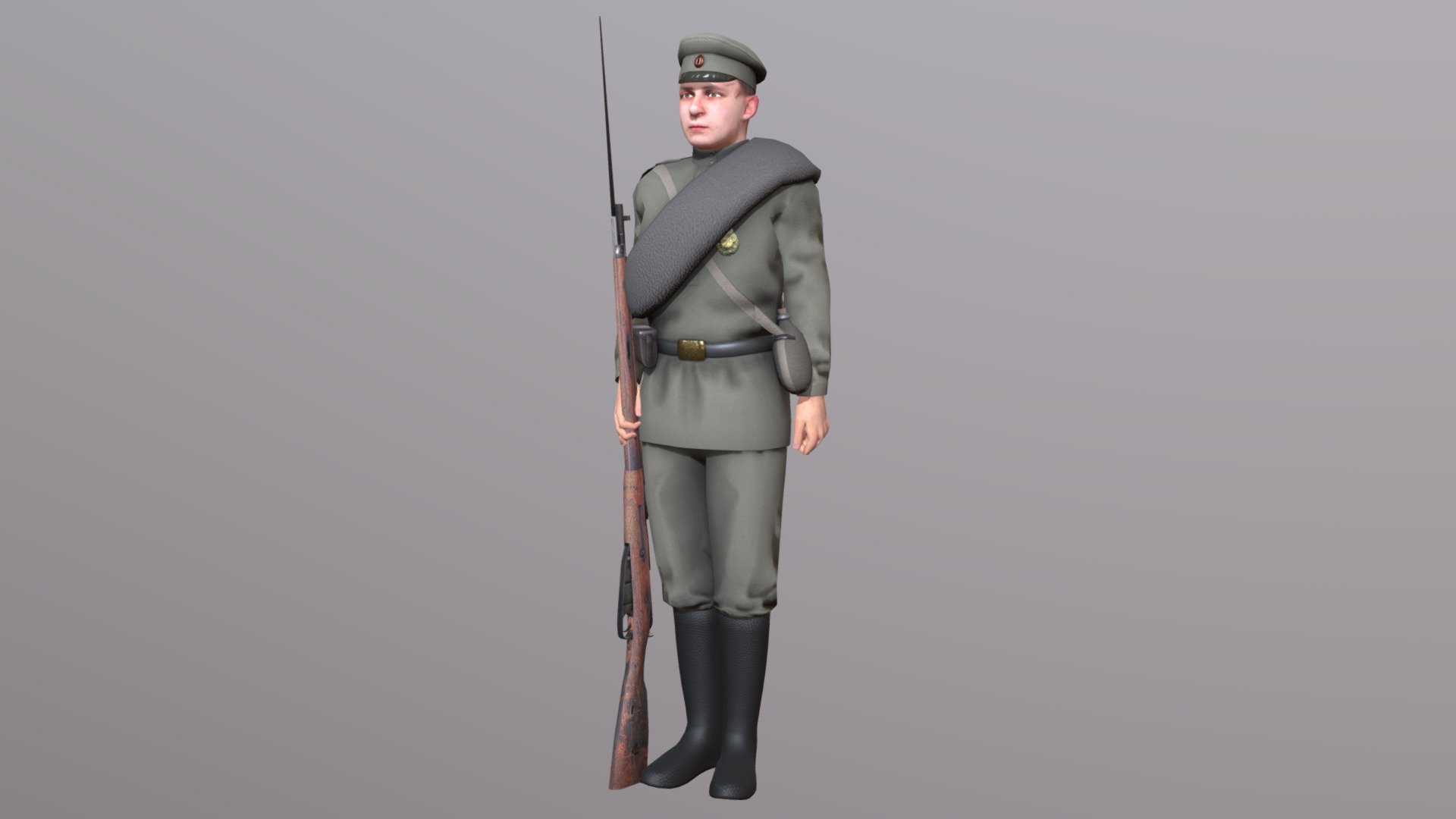 Low poly WW1 russian soldier model, was made for a scene where it was seen from a distance as a large crowd. Normal map and AO were baked from a high poly partially made in Marvelous Designer.