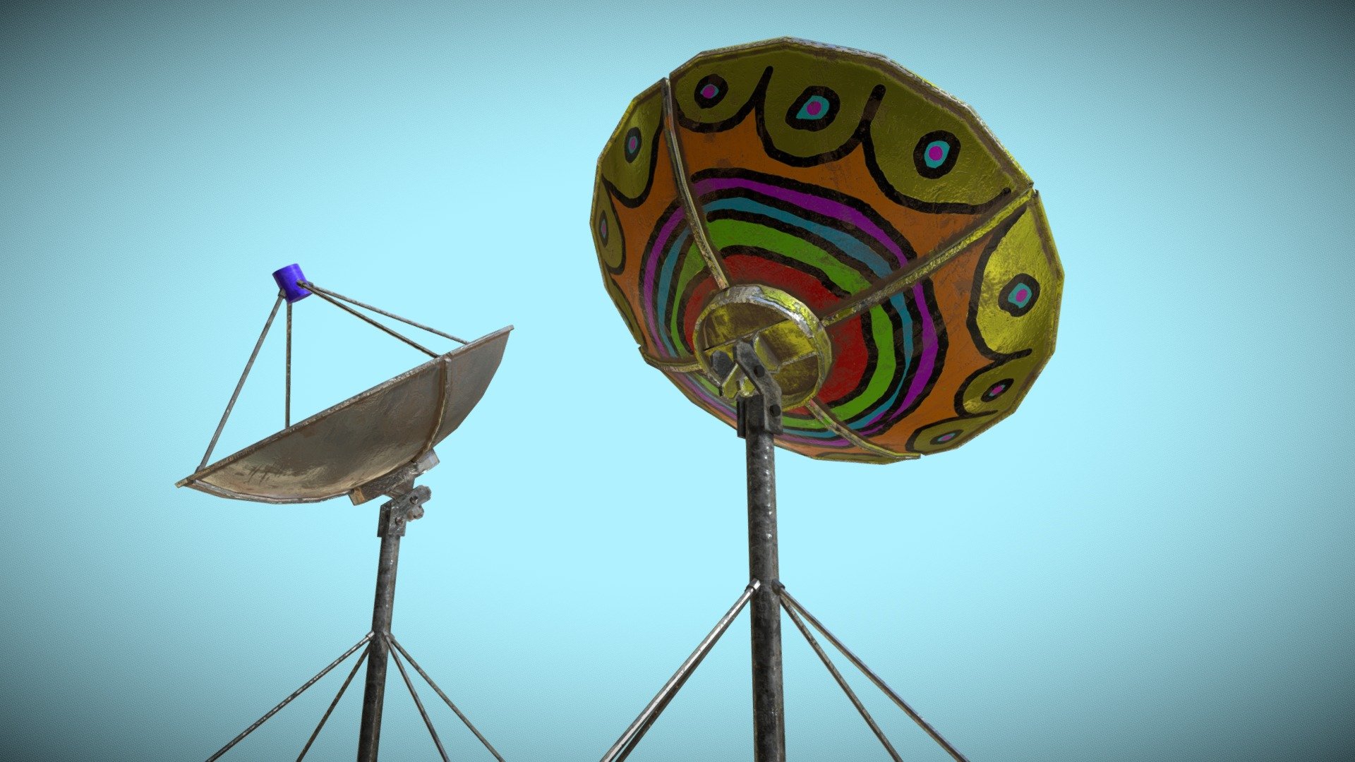 A painted graphite-style satellite dish. The model has little polygon but within the realistic style. It has two different skins, one with drawings and one without, so you can paint as you like. In additional download .dae .fbx .obj.