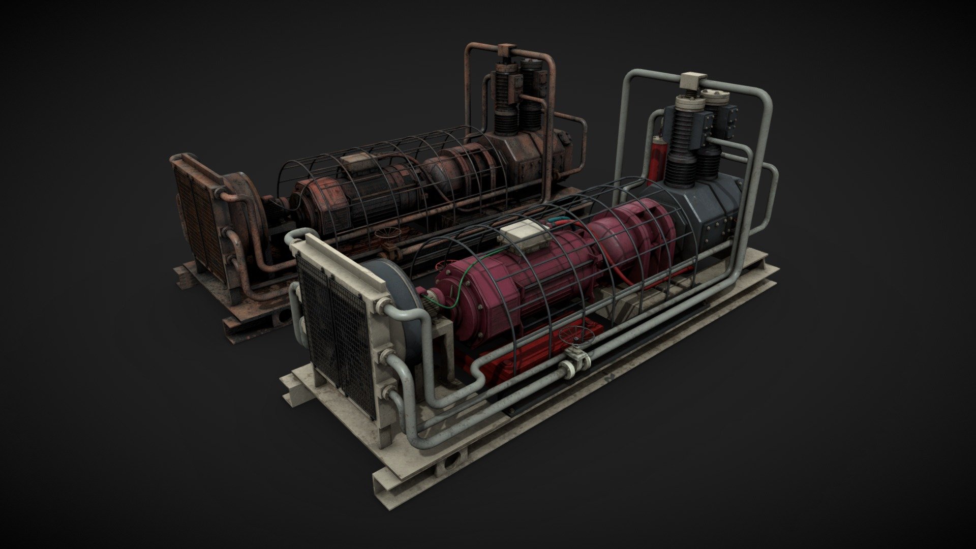 Machinery device for industrial visualizations 

4k PNG PBR textures included 

Painted and heavy rusted 

Non overlapped UVs.