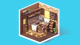 (FREE) Isometric Cafe cafe, b3d, retro, candle, isometric, warm, cozy, blockbench, handpainted, low-poly, blender, lowpoly, blender3d, gameart, house, wood, building, interior, noai