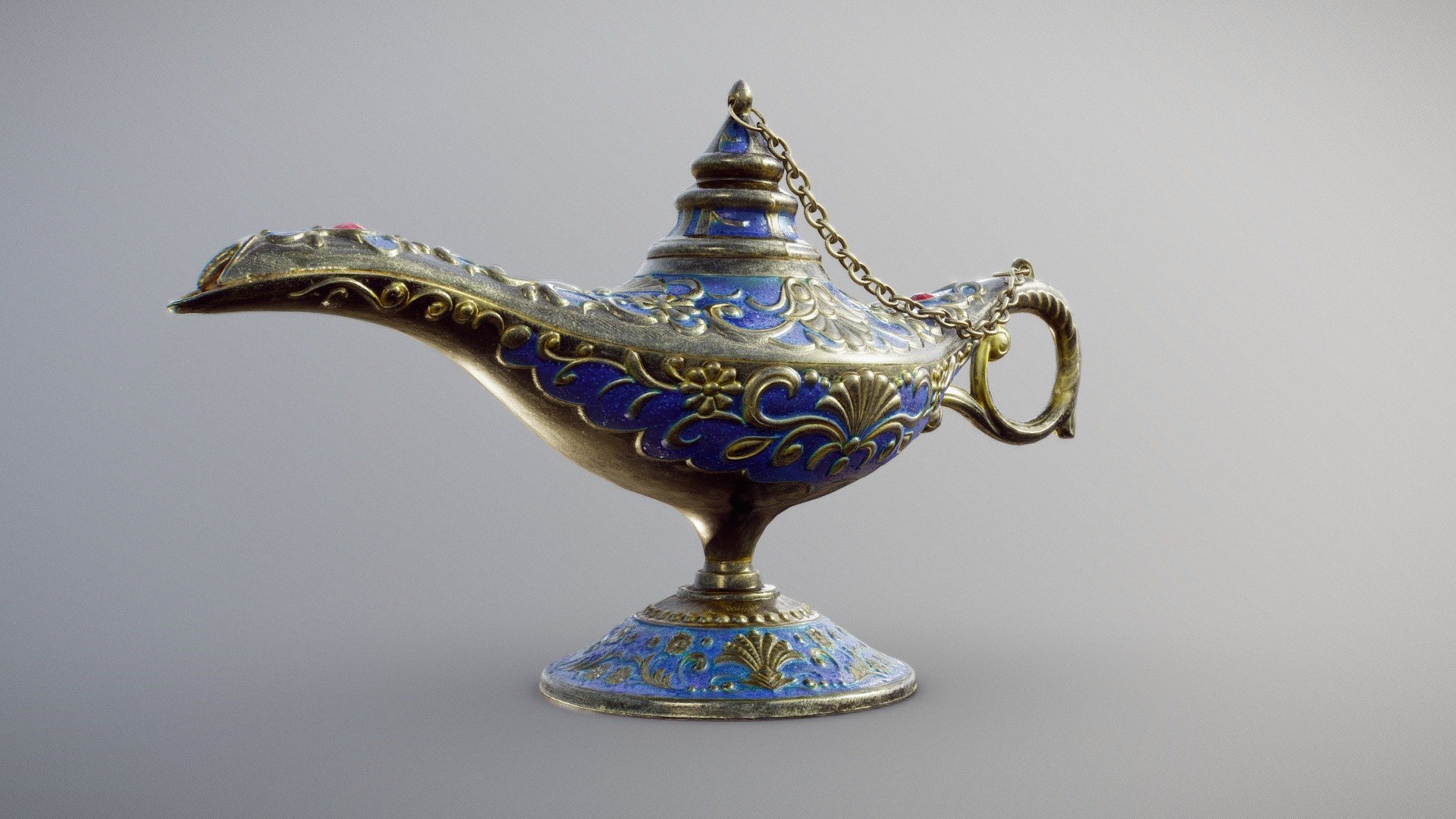 ** Decorative Aladdin Magic Lamp **

Classic Aladdin Magic Genie Lamp. Gold plated Zinc with blue accent and red Rubbies.

20.6 x 7.2 x 11.1 cm (14 micrometers per texel @ 8k)

Scanned using advanced technology developed by inciprocal Inc. that enables highly photo-realistic reproduction of real-world products in virtual environments. Our hardware and software technology combines advanced photometry, structured light, photogrammtery and light fields to capture and generate accurate material representations from tens of thousands of images targeting real-time and offline path-traced PBR compatible renderers.

Zip file includes low-poly OBJ mesh (in meters) with a set of 8k PBR textures compressed with lossless JPEG (no chroma sub-sampling).