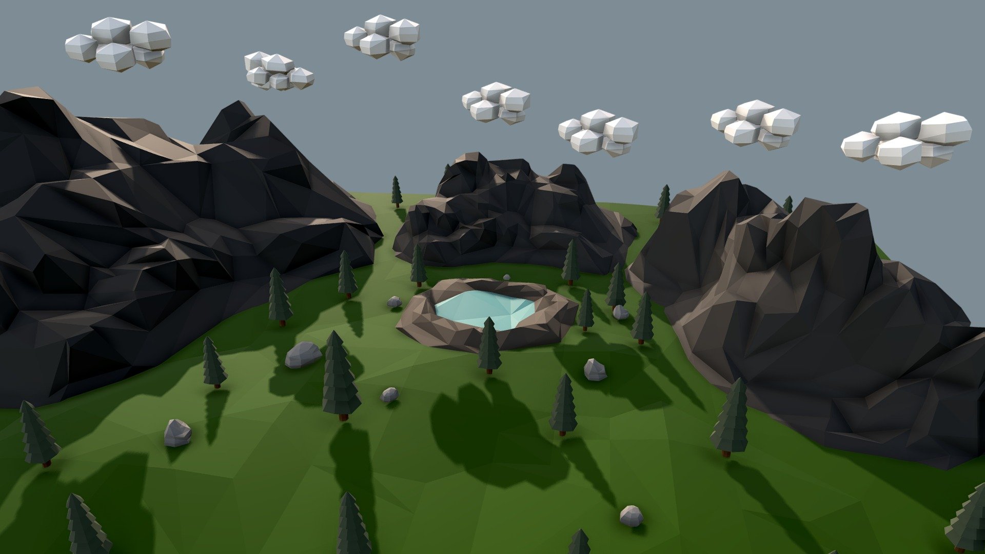 Modeled in Maya 2018  Preview images rendered by Arnold Render  I didnt use any post prodution effects on render images.   Models and scene are low poly.  Polygon counts of models and scene:  Mountain scene total: 8353  Mountain (all of them): 1669  Crater lake: 175  Pine: 128  Rock (all 4 of them): 384  Cloud: 168

More info:
https://www.artstation.com/infinitymodels