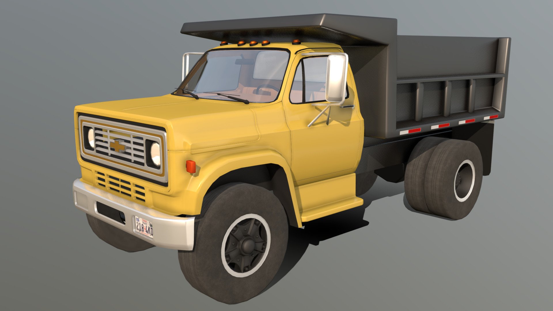 Mid-poly model of a 1981-1990 Chevrolet Kodiak dump truck. All scratch modelled by me. 

Exterior - 22,305 tris

Interior - 10,834 tris

Wheels and tires - 19,682 tris

Low poly chassis - 1,296 tris

Total - 53,639 tris